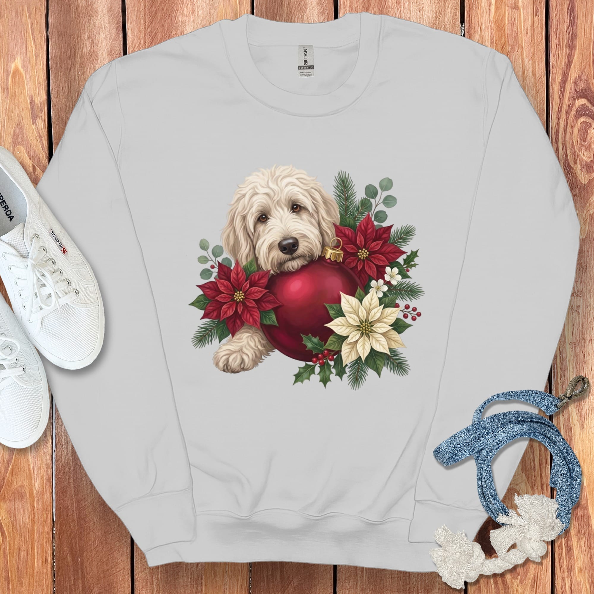 Cream Goldendoodle Holiday Cheer Sweatshirt in Sport Grey / S by Puppy Jo
