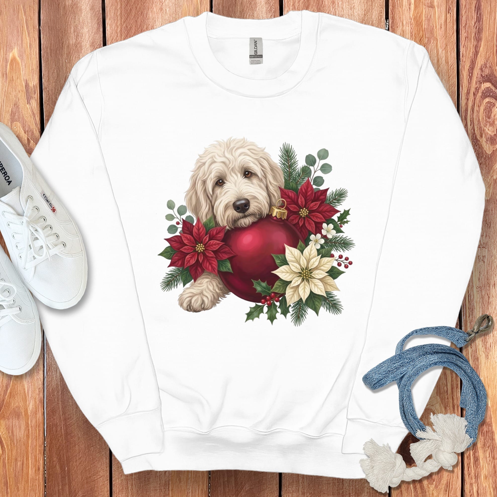 Cream Goldendoodle Holiday Cheer Sweatshirt in White / S by Puppy Jo