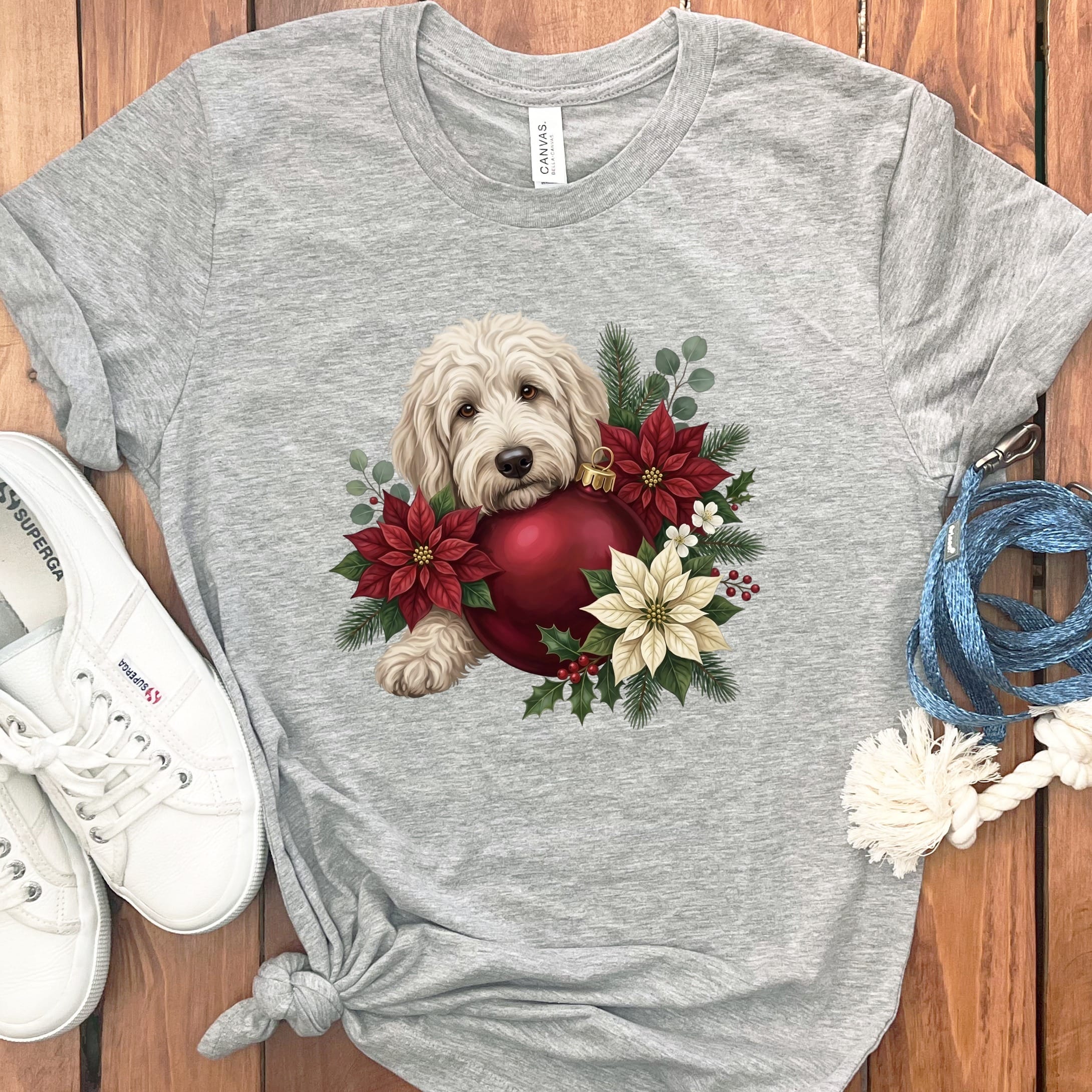Cream Goldendoodle Holiday Cheer T-Shirt in Athletic Heather / S by Puppy Jo