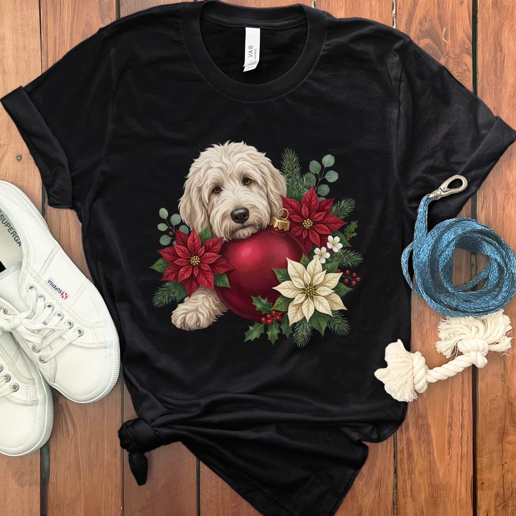 Cream Goldendoodle Holiday Cheer T-Shirt in Black / S by Puppy Jo