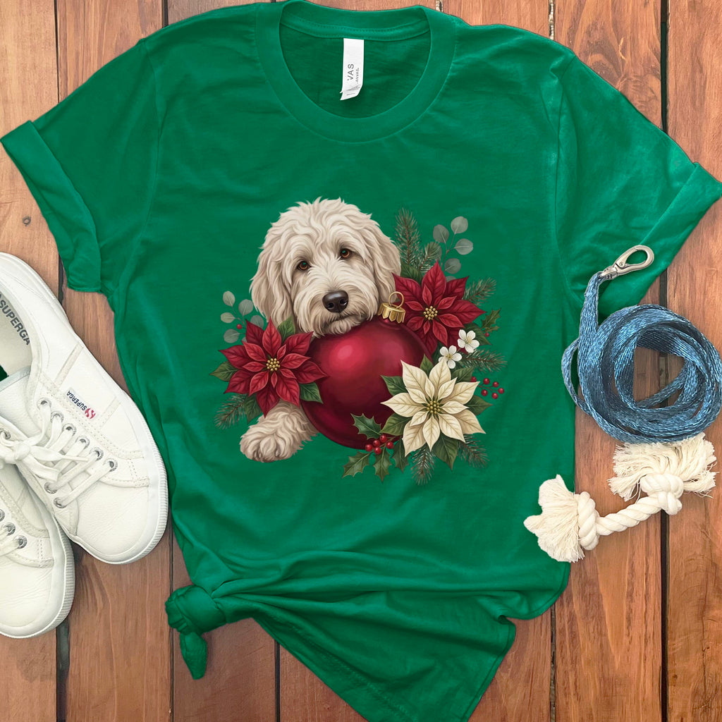 Cream Goldendoodle Holiday Cheer T-Shirt in Kelly / S by Puppy Jo