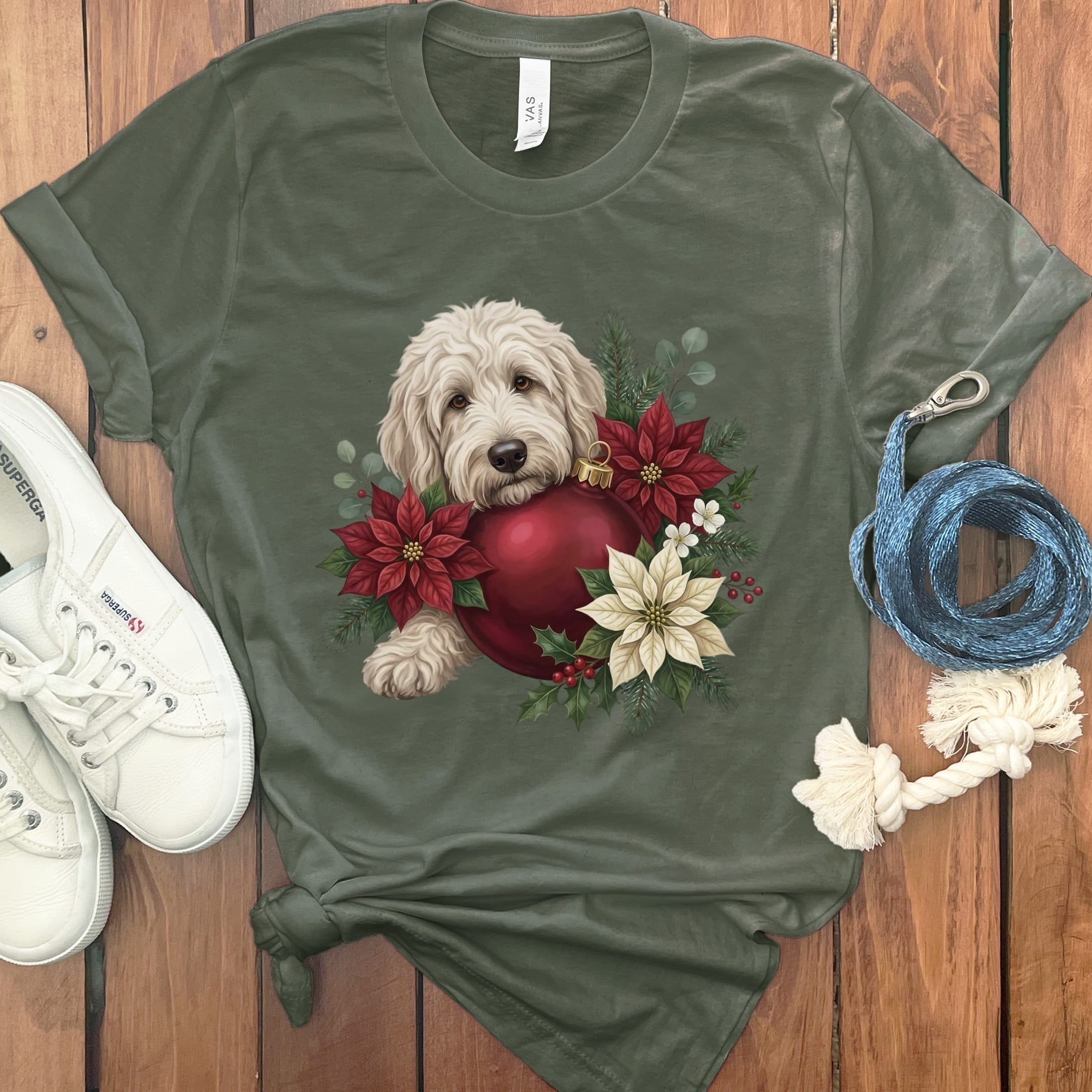 Cream Goldendoodle Holiday Cheer T-Shirt in Military Green / S by Puppy Jo