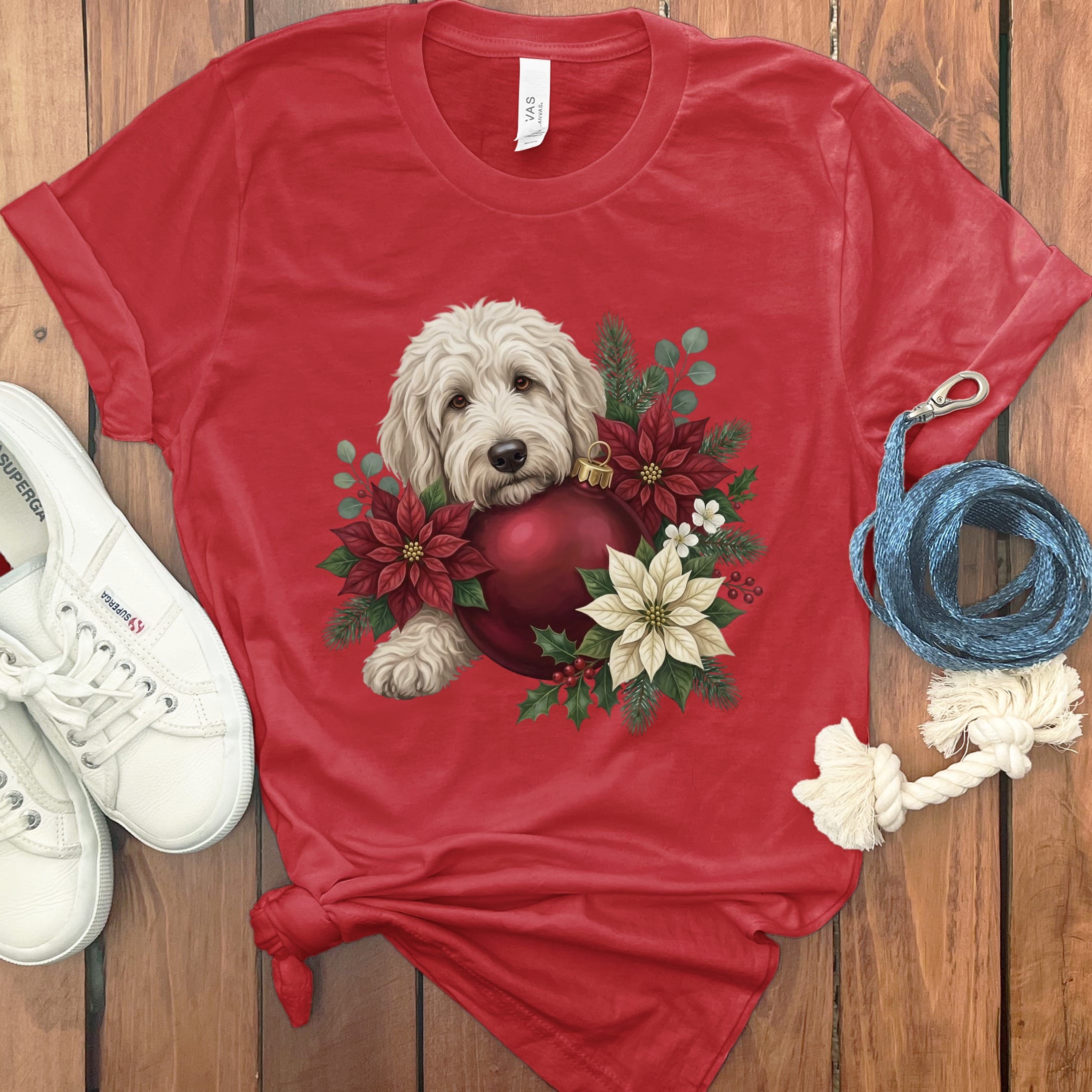 Cream Goldendoodle Holiday Cheer T-Shirt in Red / S by Puppy Jo