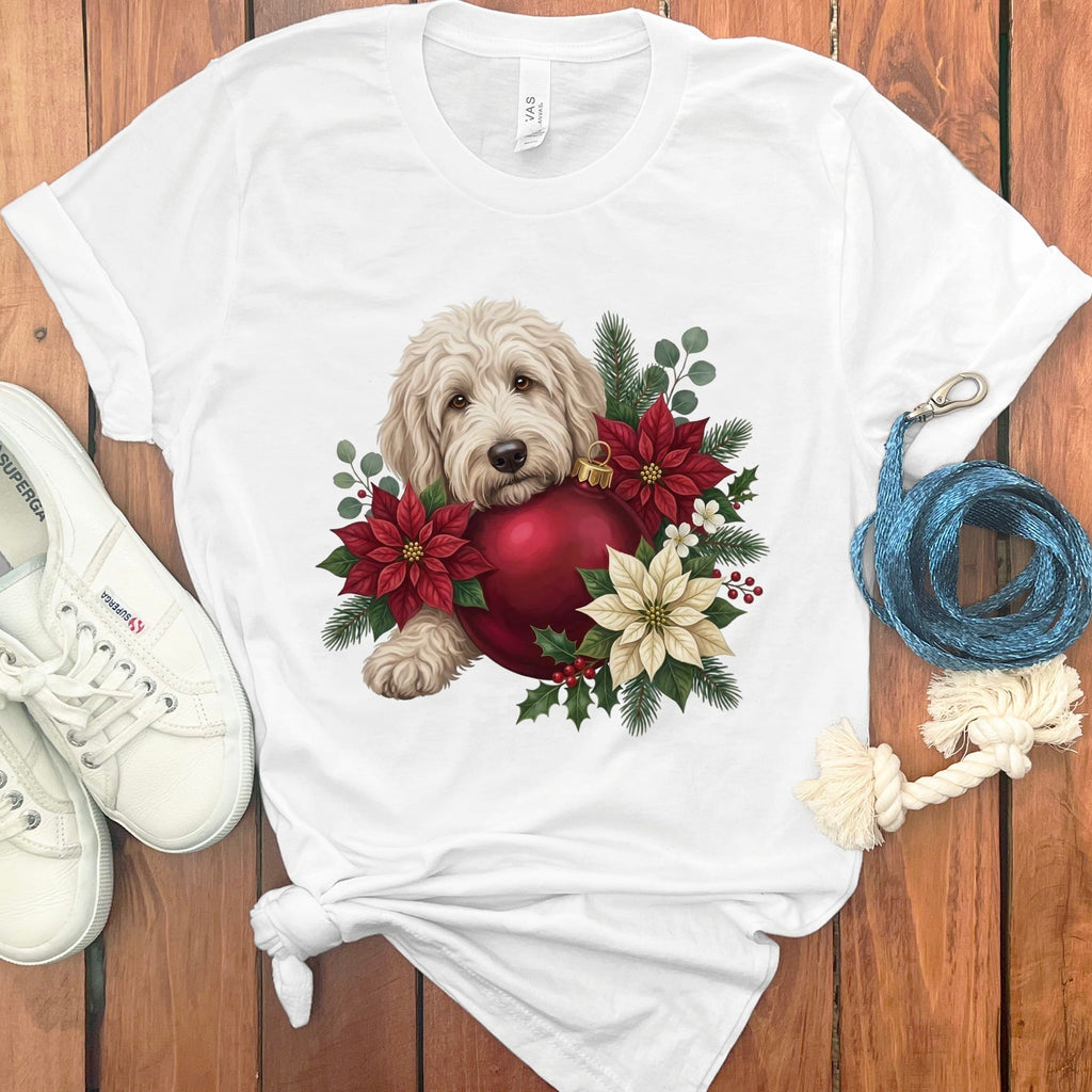 Cream Goldendoodle Holiday Cheer T-Shirt in White / S by Puppy Jo