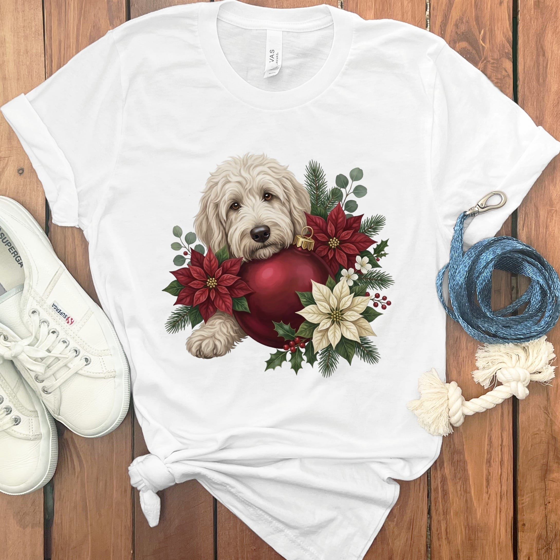 Cream Goldendoodle Holiday Cheer T-Shirt in White / S by Puppy Jo