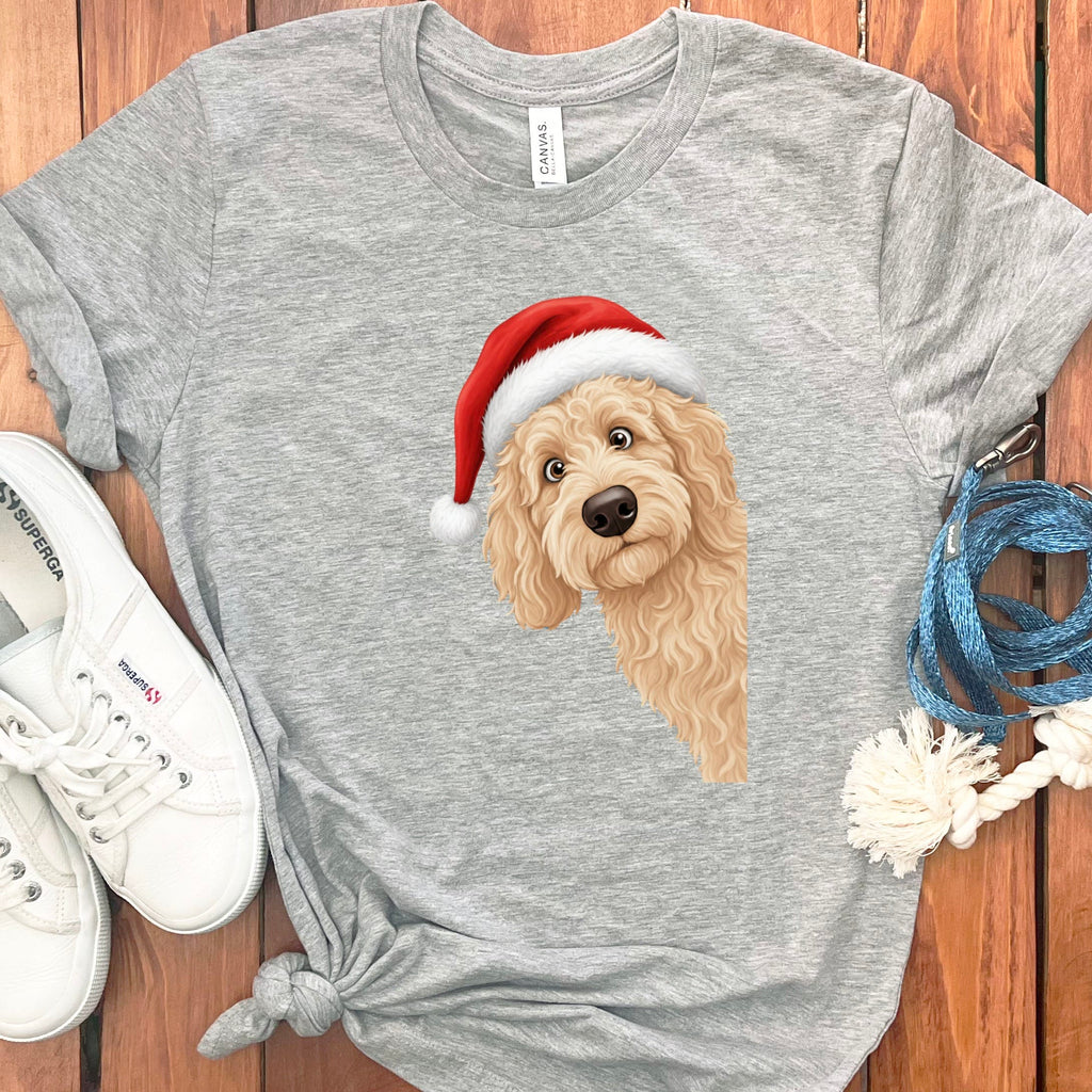 Cream Goldendoodle Holiday Santa T-Shirt in Athletic Heather / S by Puppy Jo