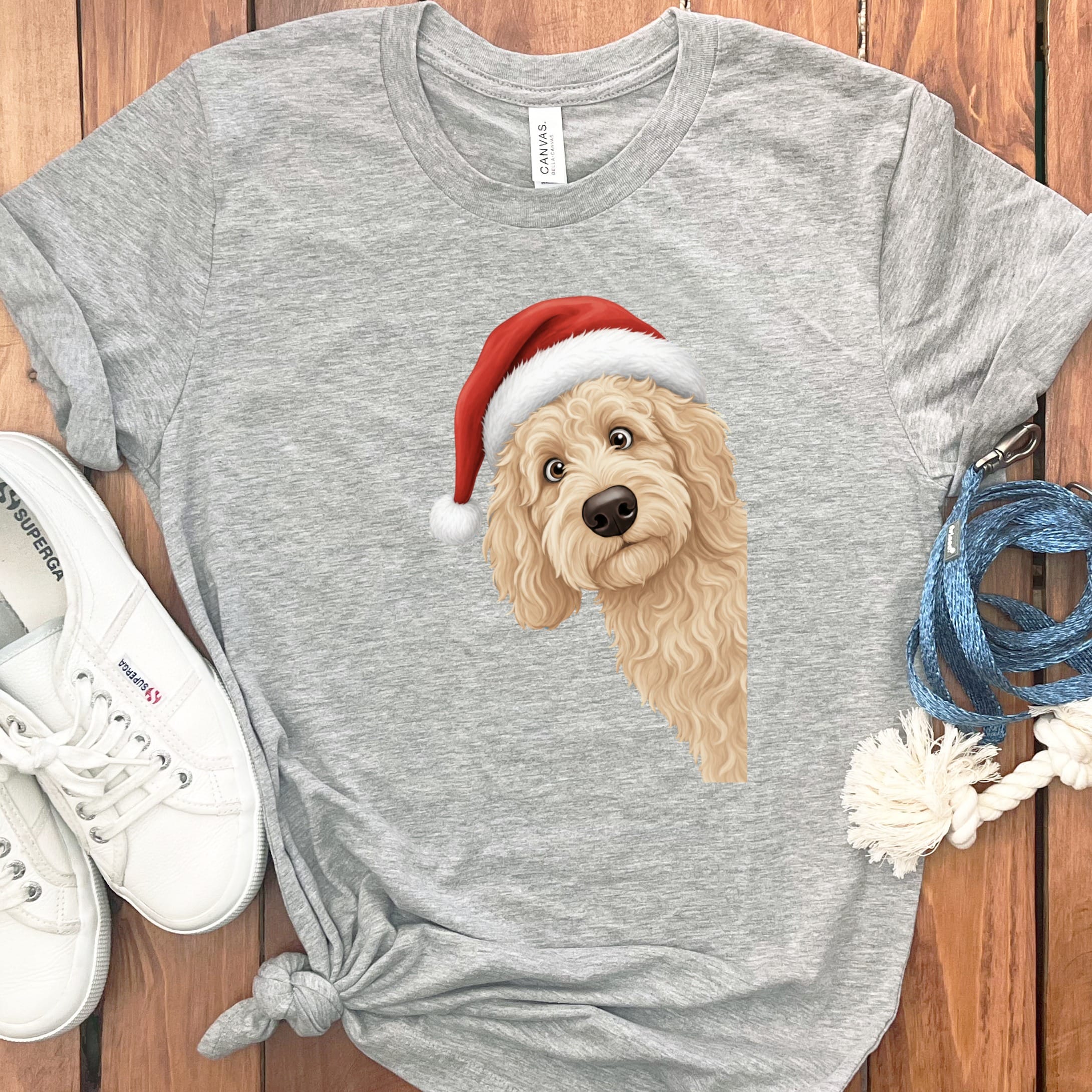 Cream Goldendoodle Holiday Santa T-Shirt in Athletic Heather / S by Puppy Jo