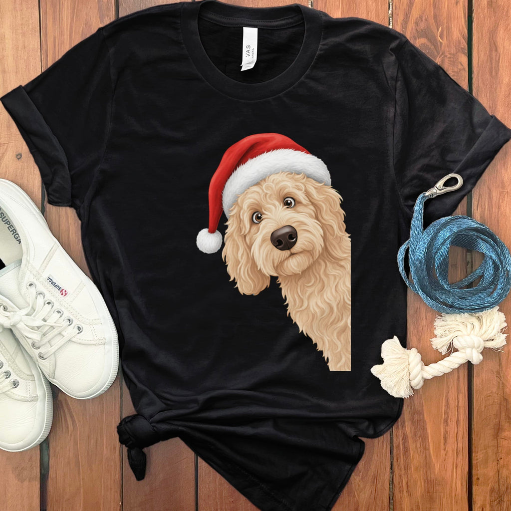 Cream Goldendoodle Holiday Santa T-Shirt in Black / S by Puppy Jo