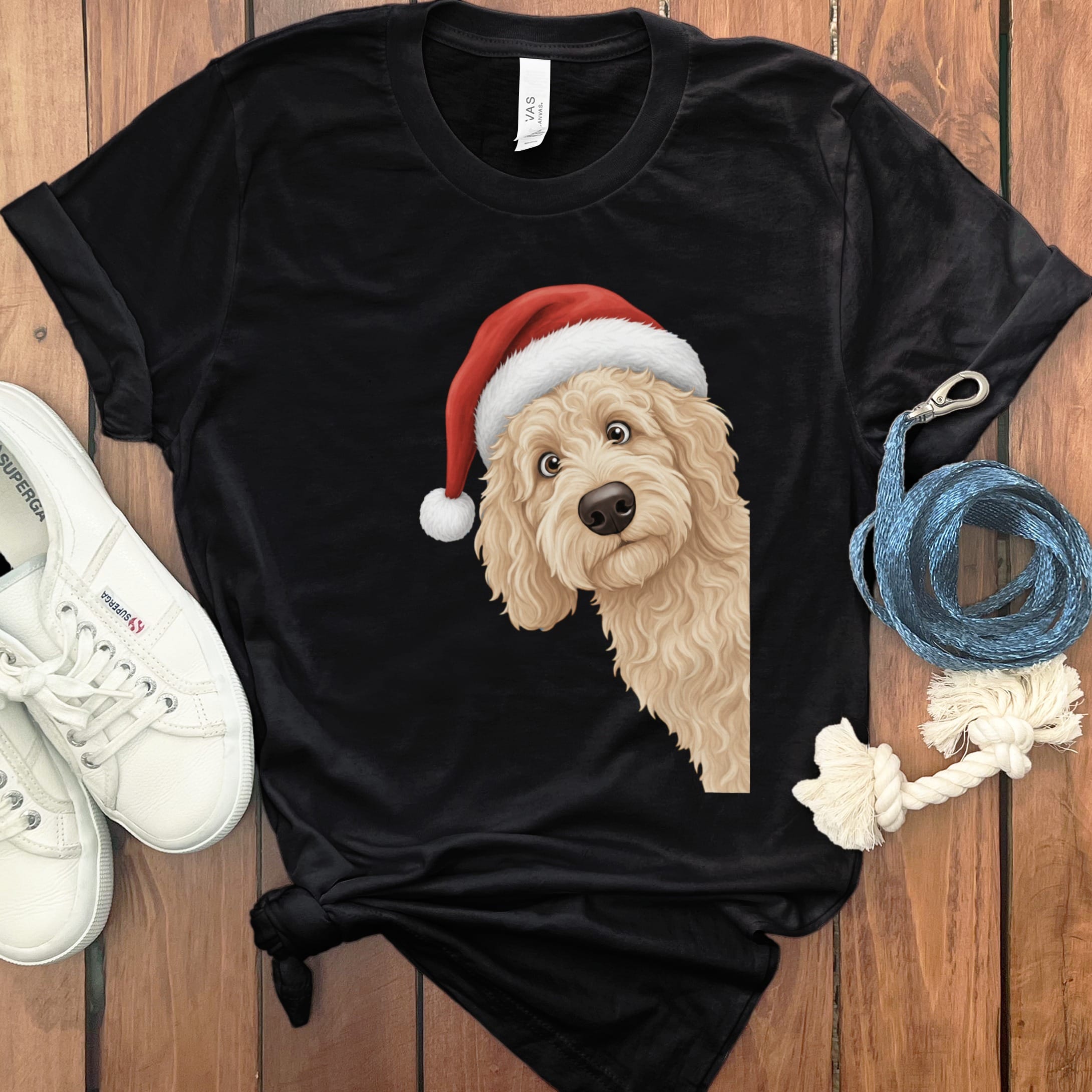 Cream Goldendoodle Holiday Santa T-Shirt in Black / S by Puppy Jo