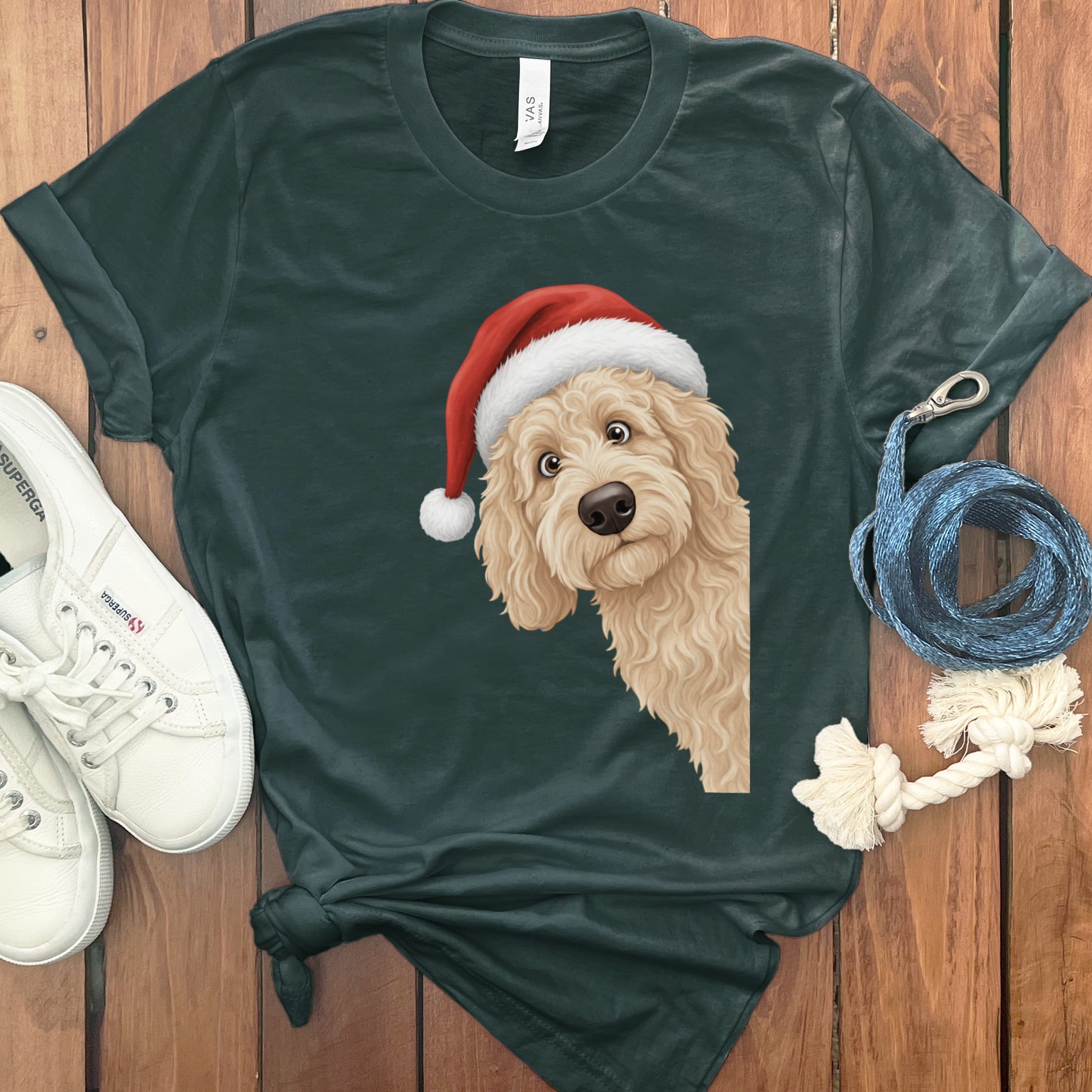 Cream Goldendoodle Holiday Santa T-Shirt in Forest / S by Puppy Jo