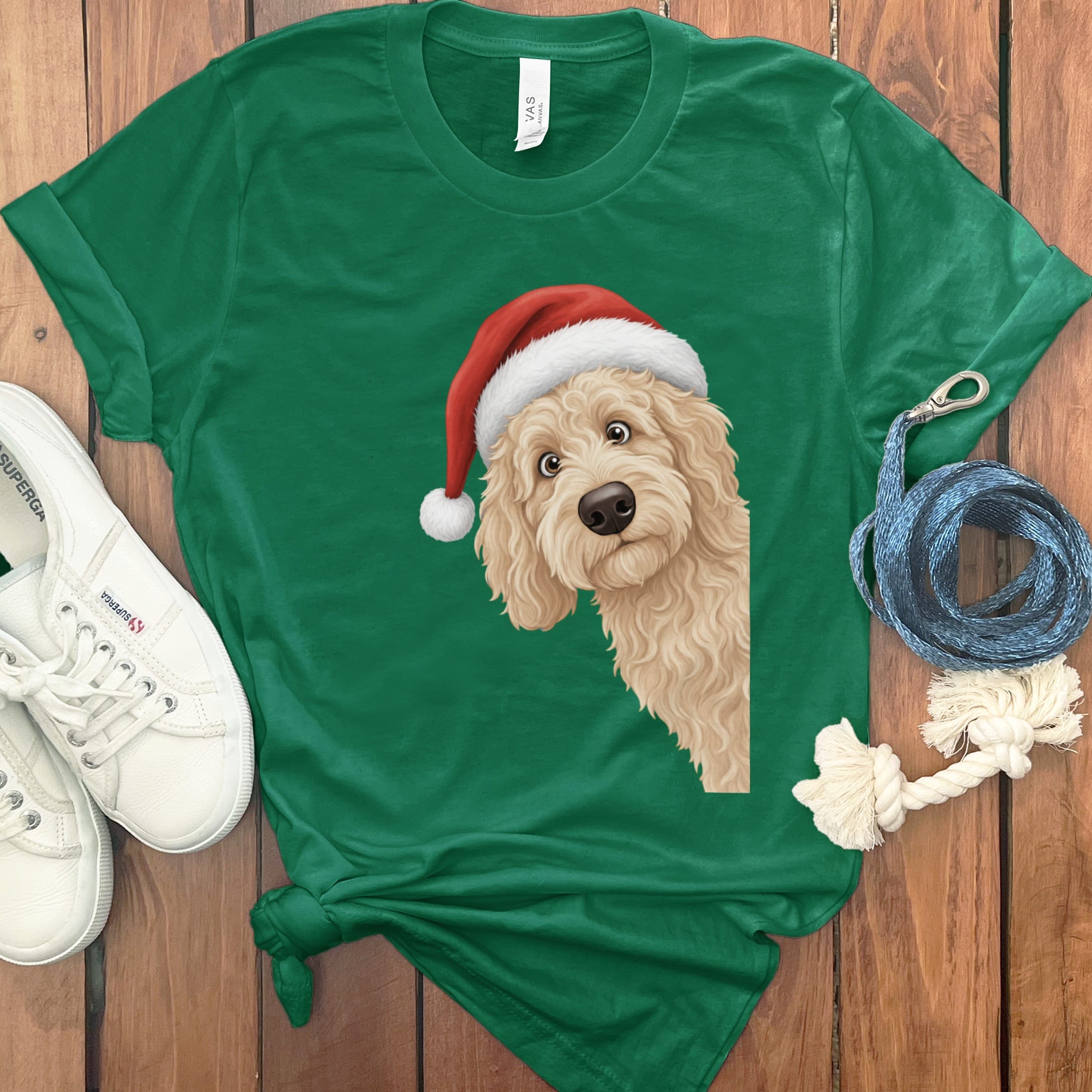 Cream Goldendoodle Holiday Santa T-Shirt in Kelly / S by Puppy Jo