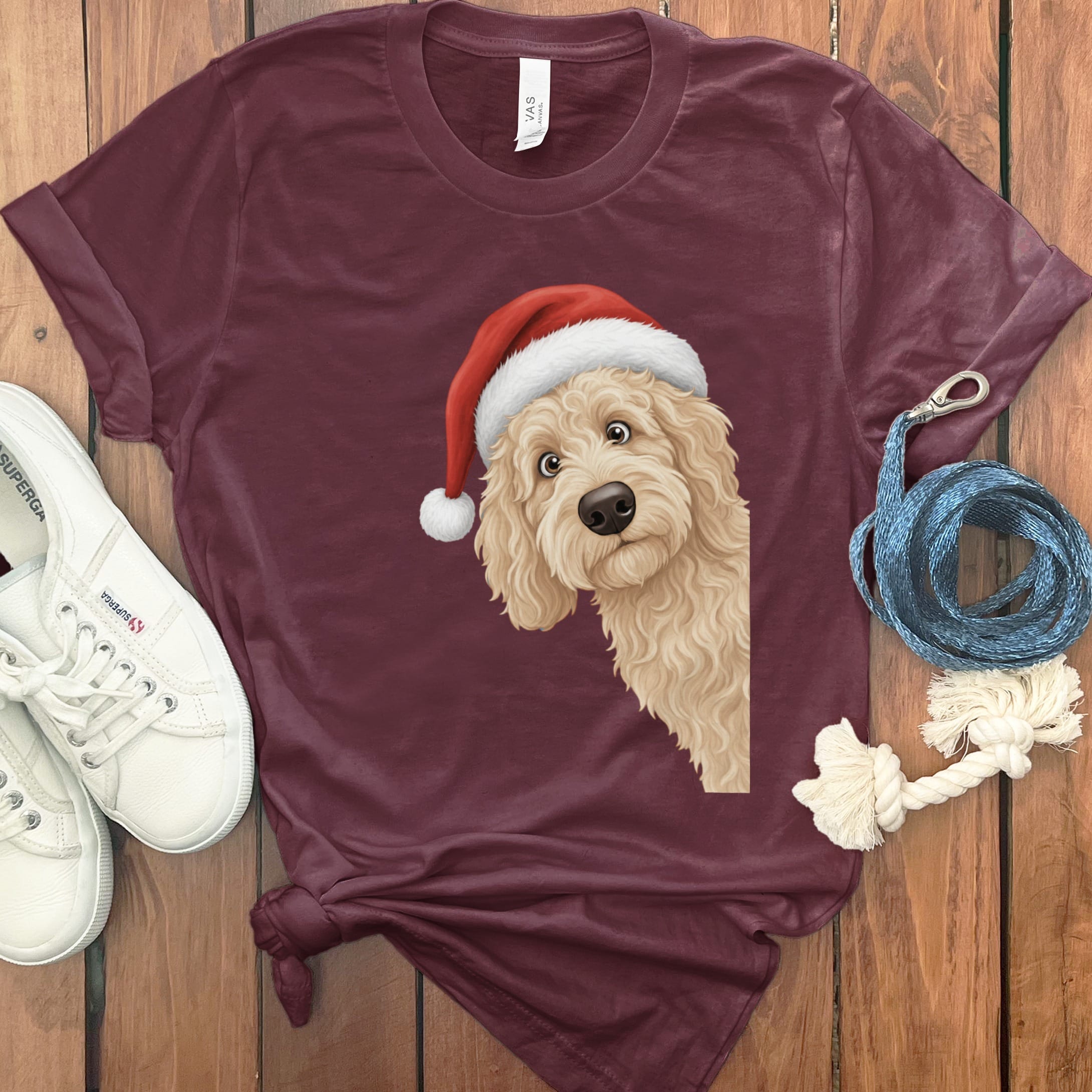 Cream Goldendoodle Holiday Santa T-Shirt in Maroon / S by Puppy Jo