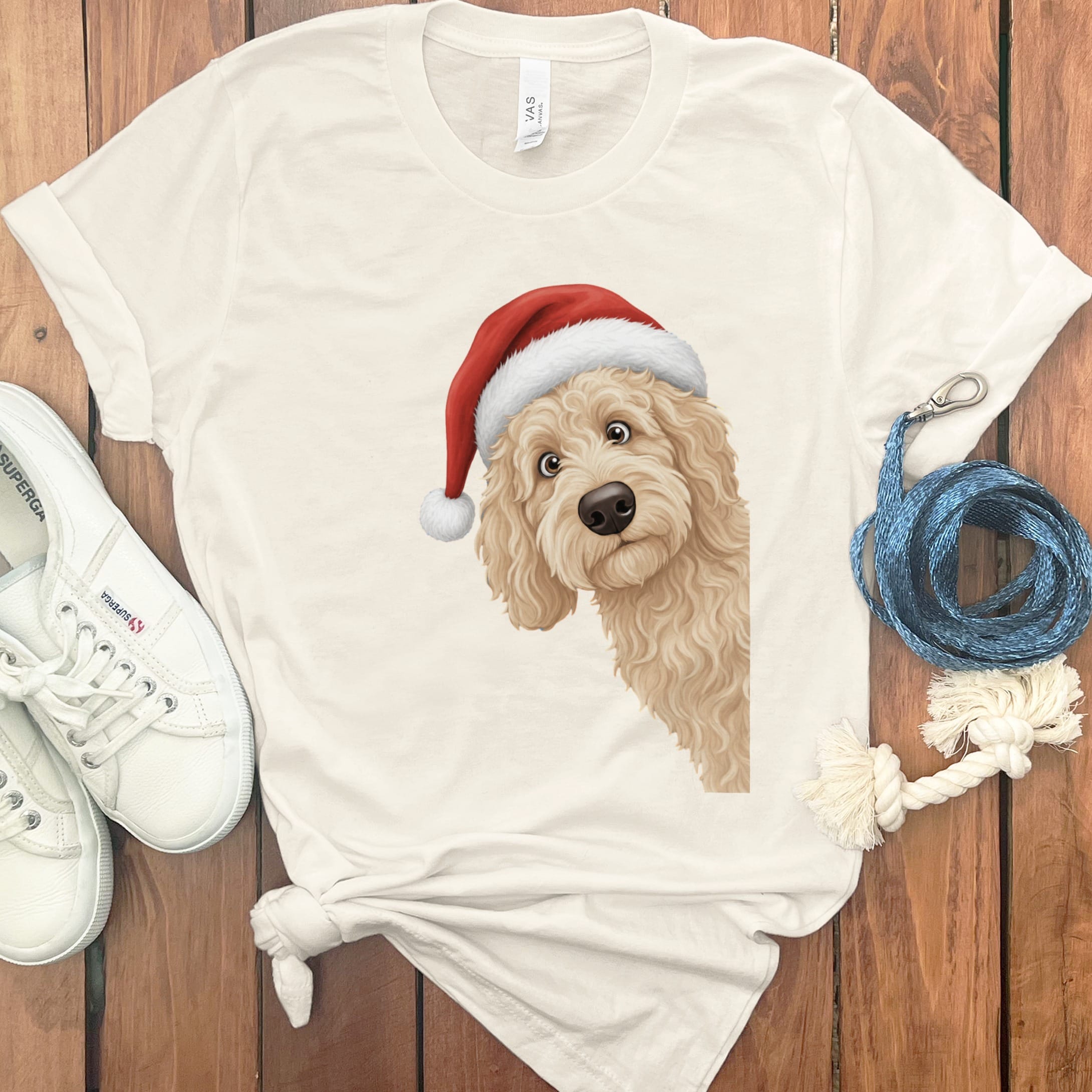 Cream Goldendoodle Holiday Santa T-Shirt in Natural / S by Puppy Jo