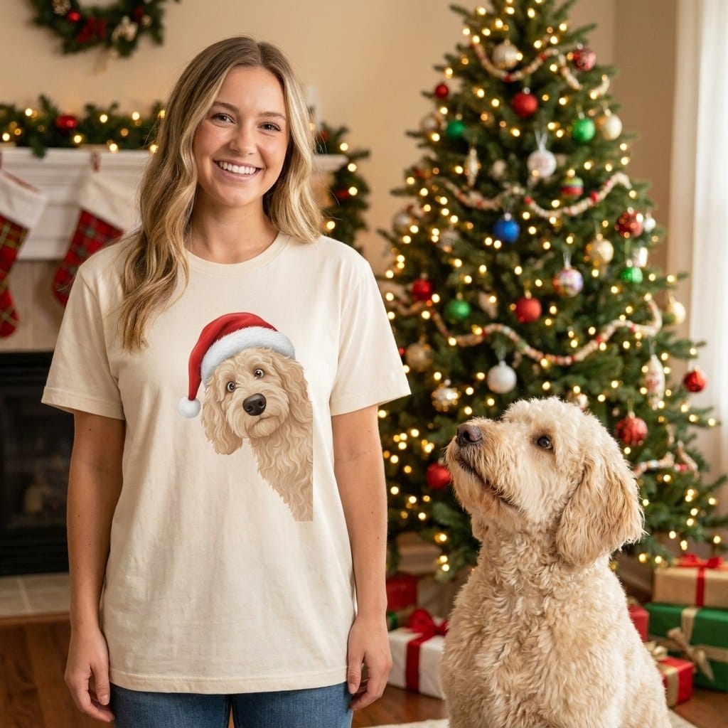 Cream Goldendoodle Holiday Santa T-Shirt in by Puppy Jo