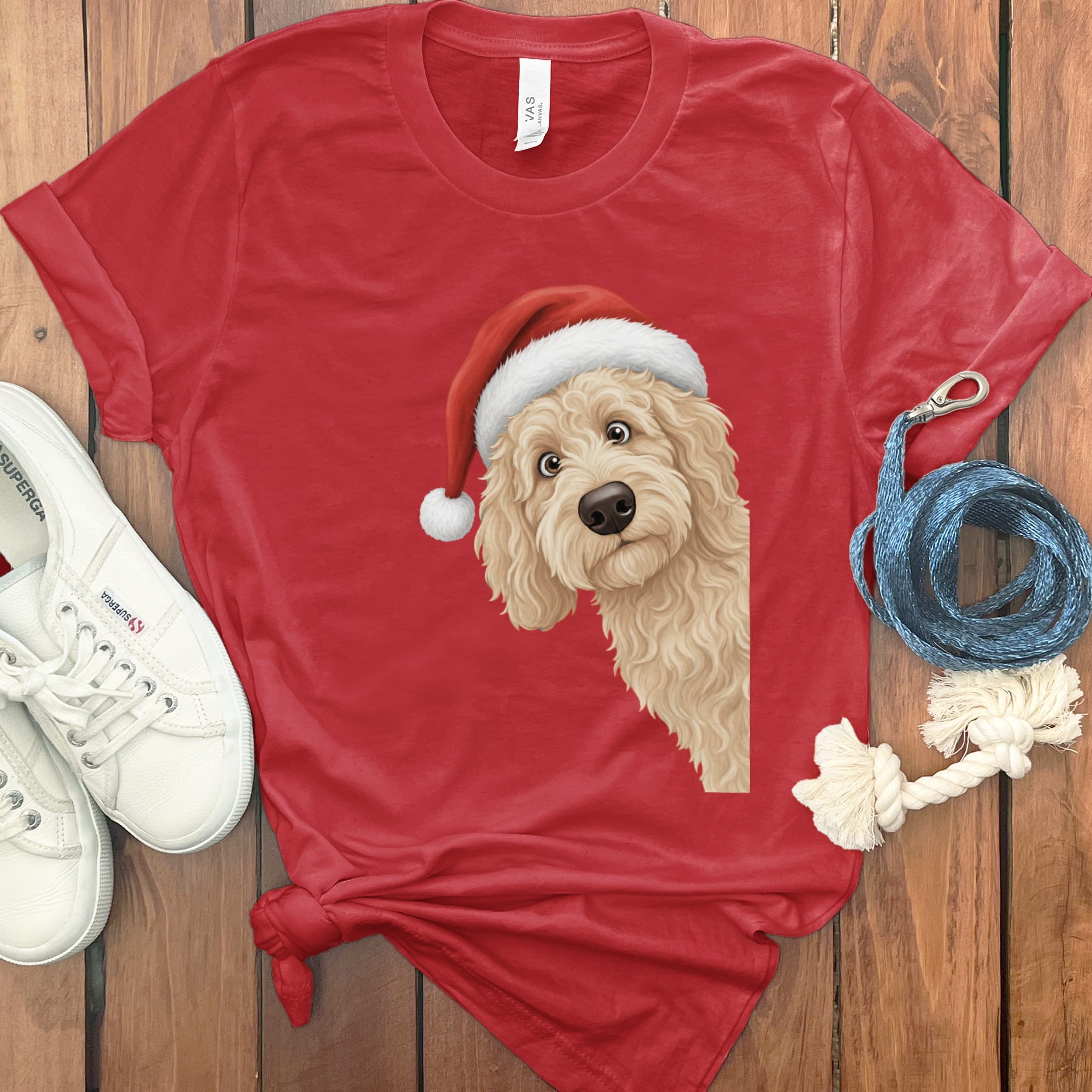 Cream Goldendoodle Holiday Santa T-Shirt in Red / S by Puppy Jo