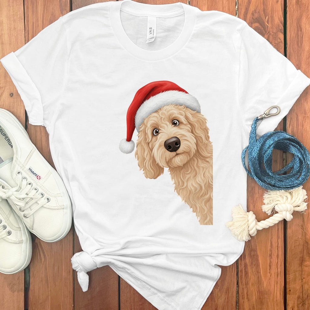 Cream Goldendoodle Holiday Santa T-Shirt in White / S by Puppy Jo