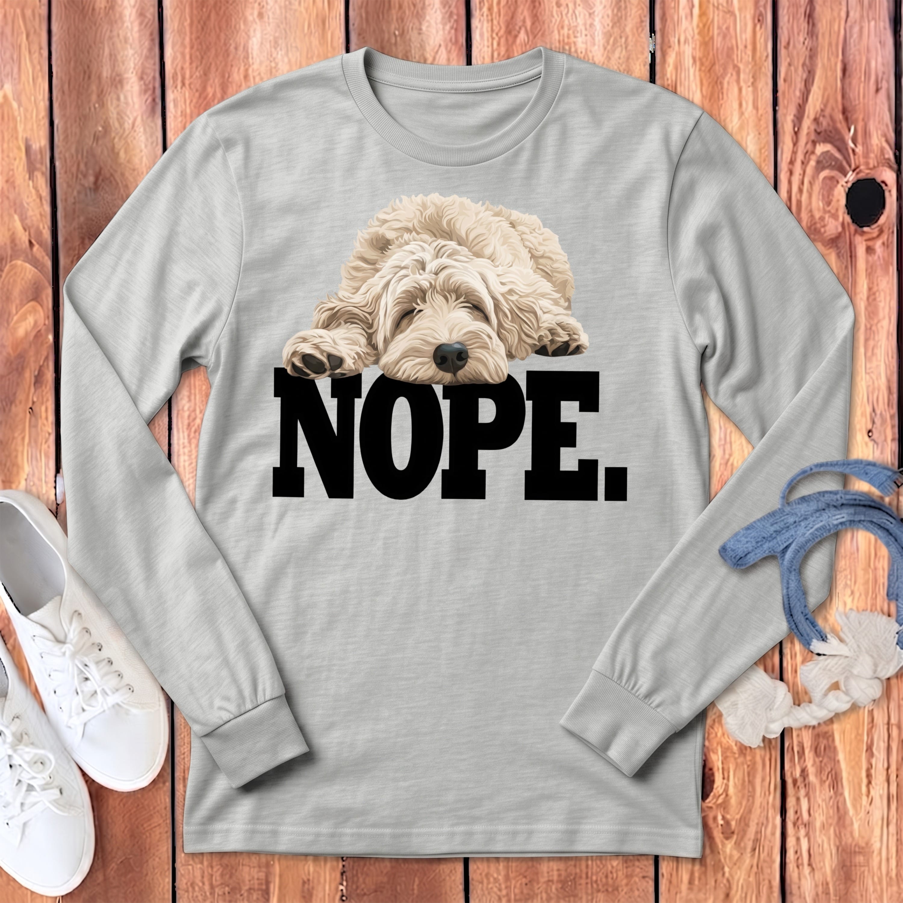 Cream Goldendoodle Labradoodle Nope Signature Long Sleeve T-Shirt in Athletic Heather / M by Puppy Jo