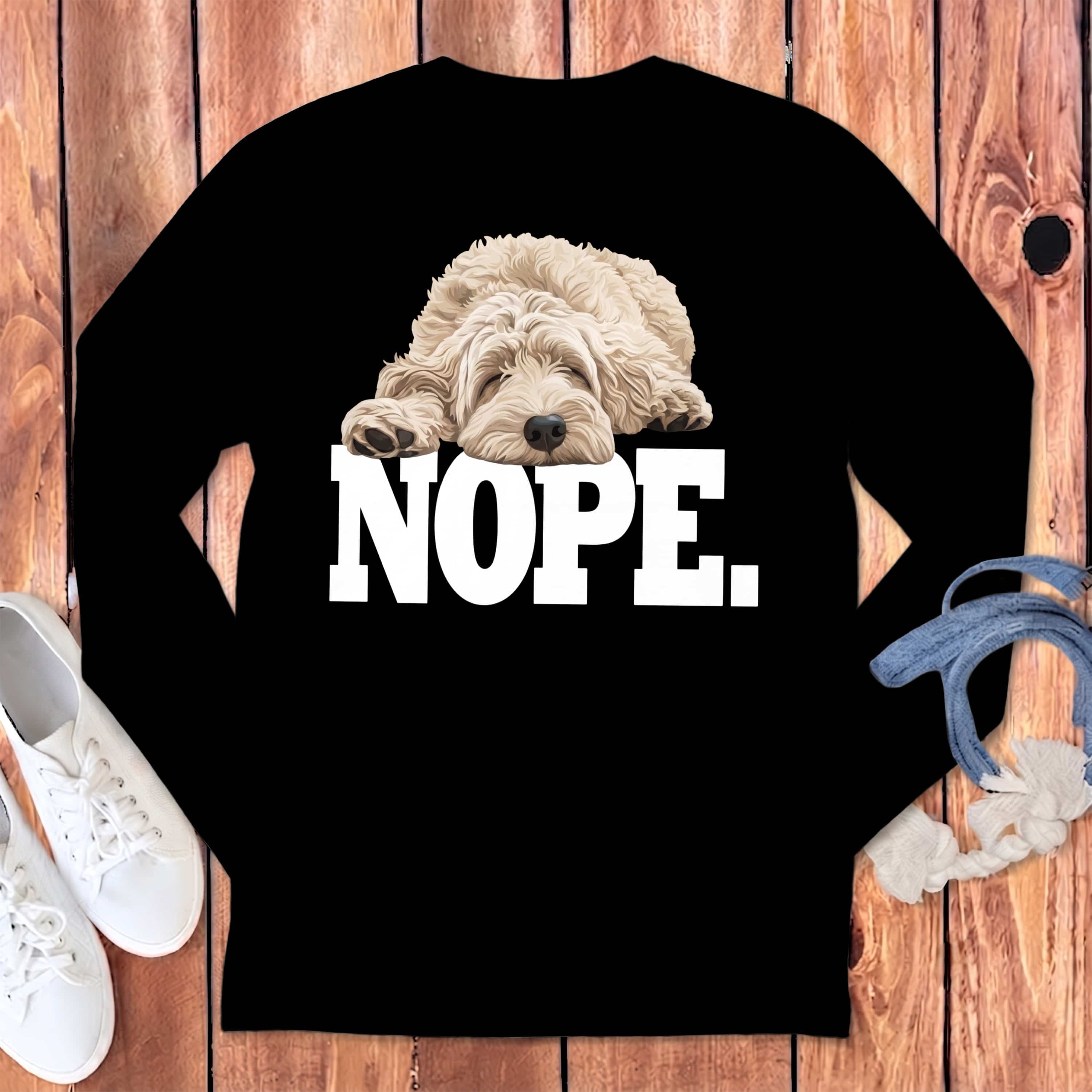 Cream Goldendoodle Labradoodle Nope Signature Long Sleeve T-Shirt in Black / S by Puppy Jo