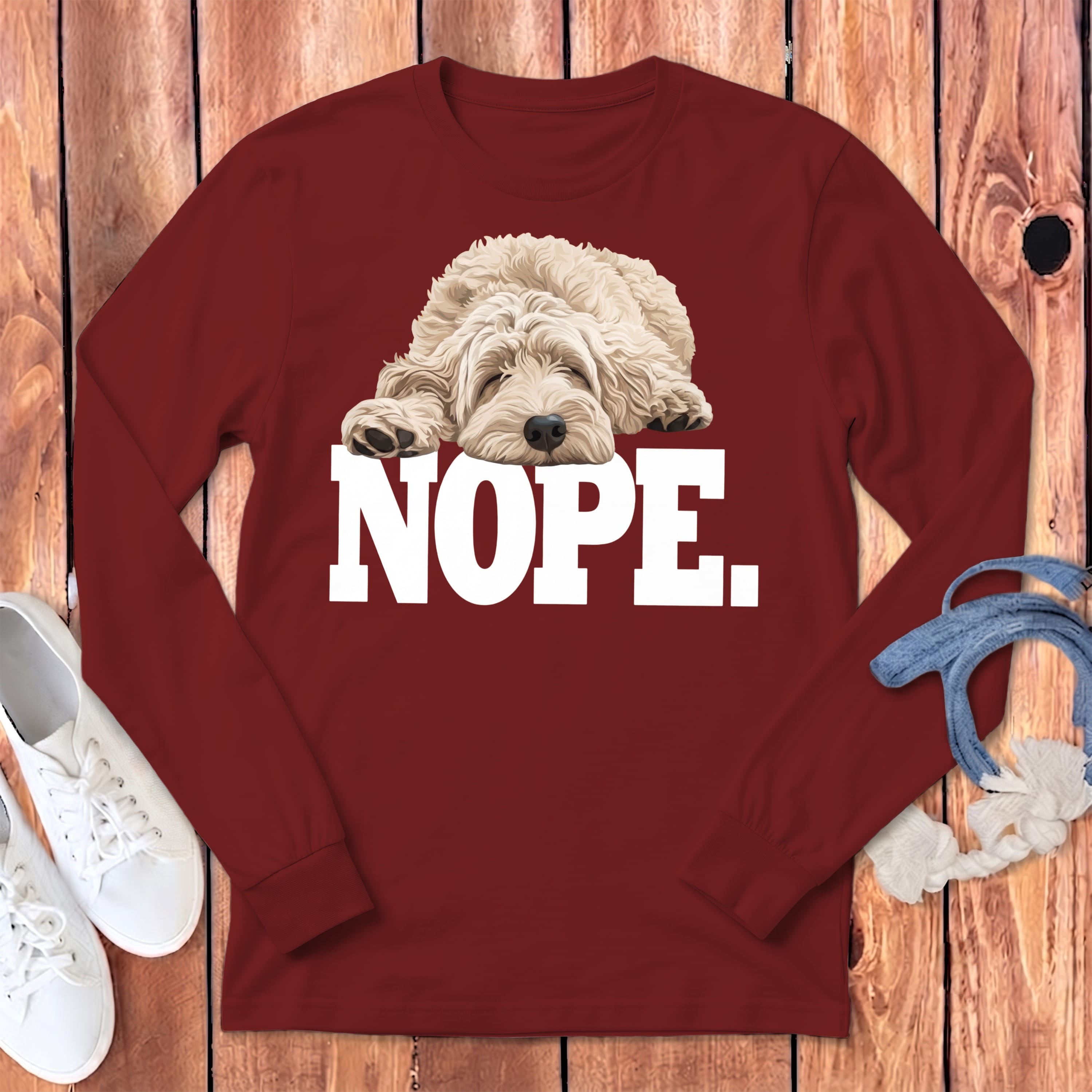 Cream Goldendoodle Labradoodle Nope Signature Long Sleeve T-Shirt in Cardinal / S by Puppy Jo