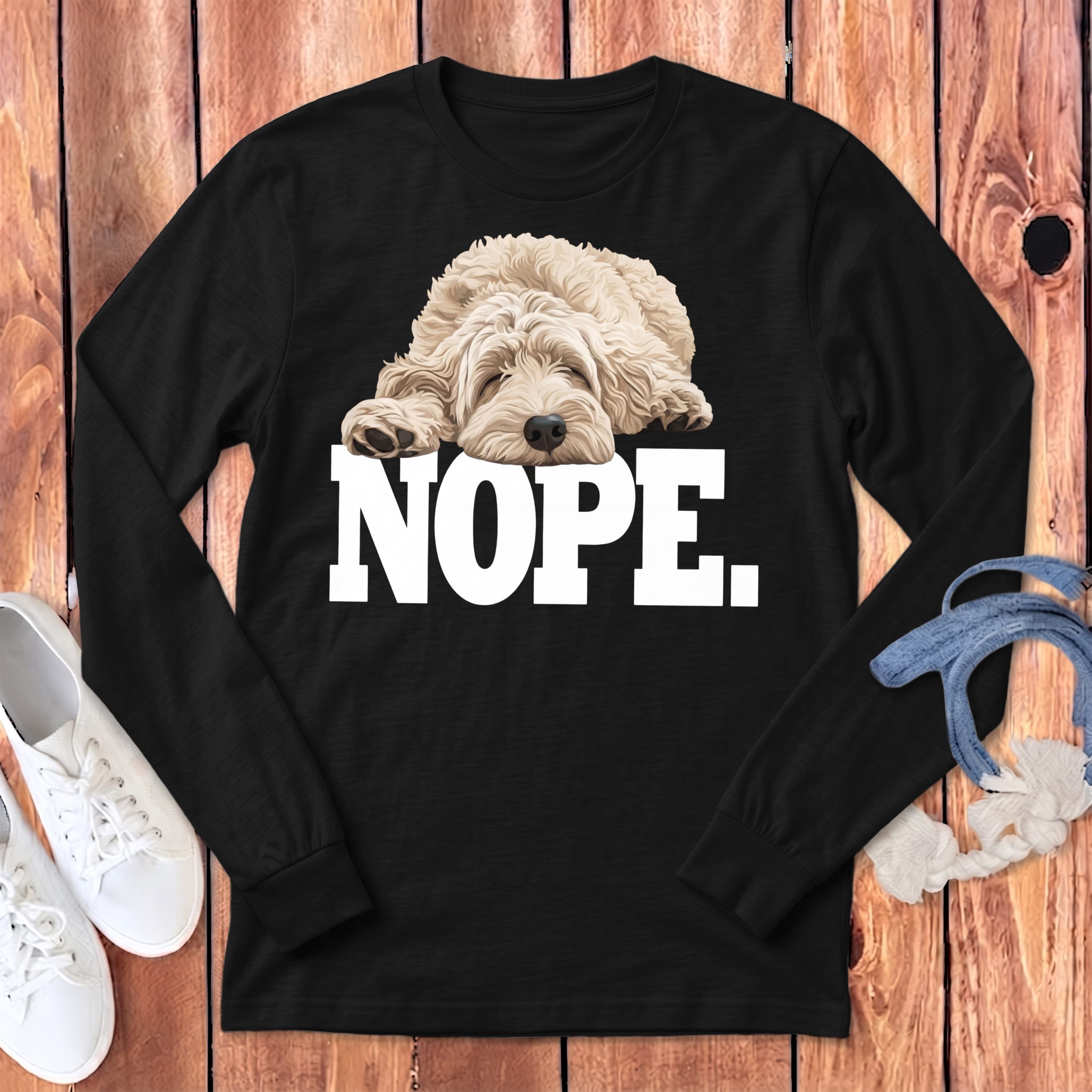 Cream Goldendoodle Labradoodle Nope Signature Long Sleeve T-Shirt in Dark Grey Heather / S by Puppy Jo