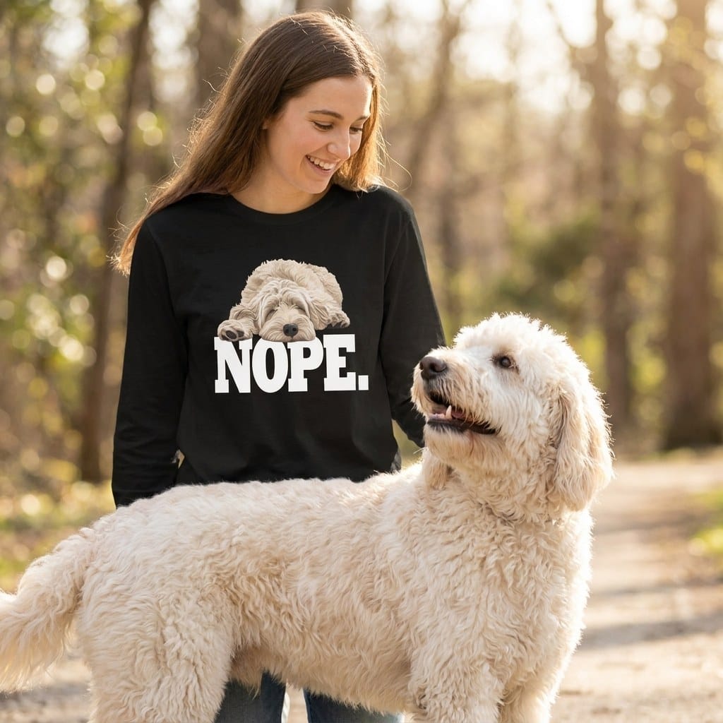 Cream Goldendoodle Labradoodle Nope Signature Long Sleeve T-Shirt in by Puppy Jo