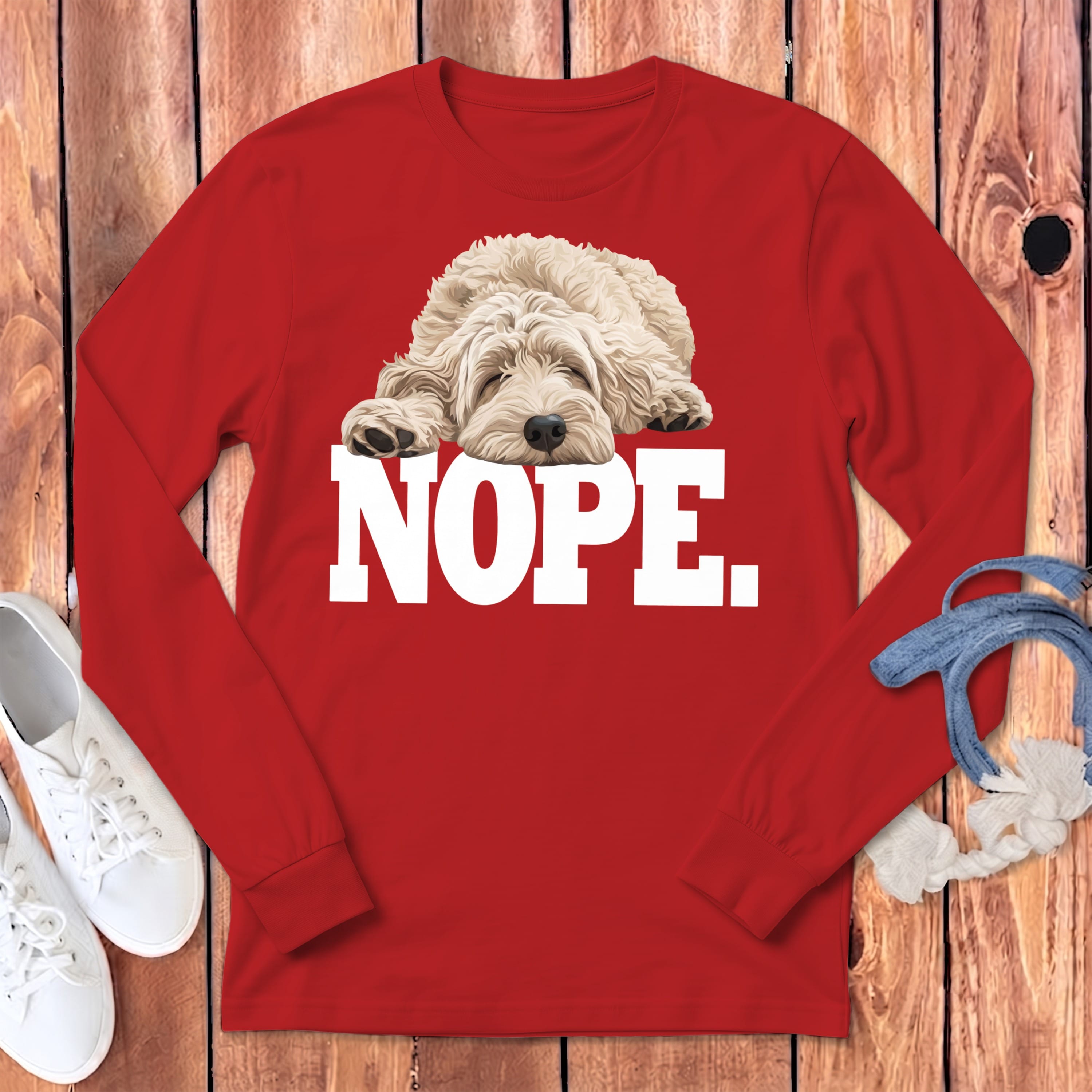 Cream Goldendoodle Labradoodle Nope Signature Long Sleeve T-Shirt in Red / S by Puppy Jo