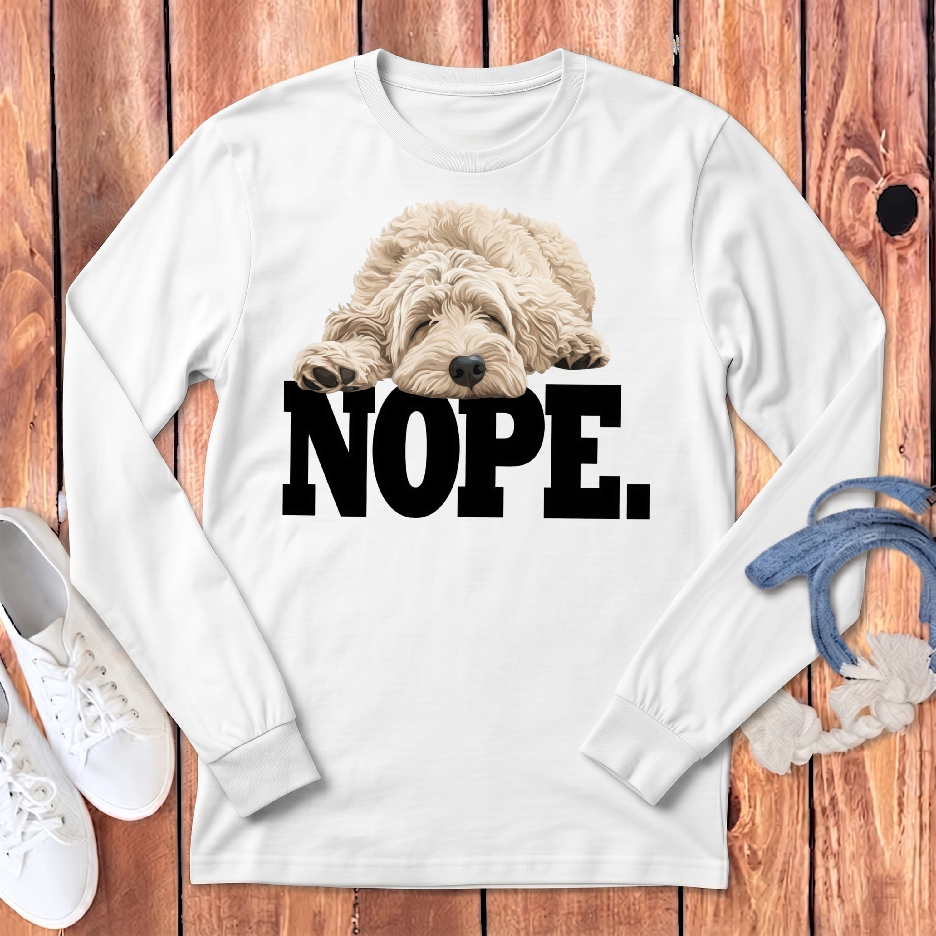 Cream Goldendoodle Labradoodle Nope Signature Long Sleeve T-Shirt in White / S by Puppy Jo