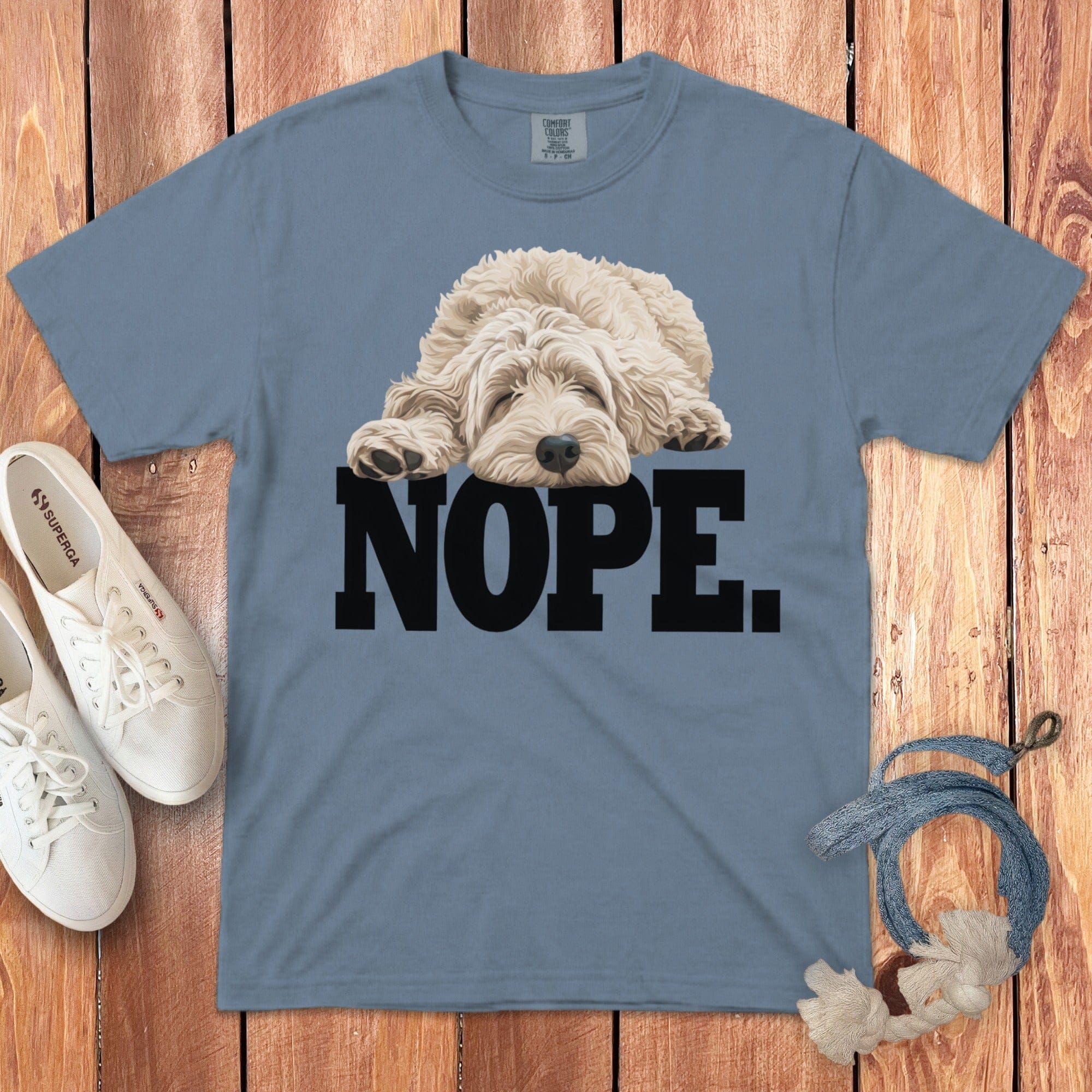 Cream Goldendoodle Labradoodle Nope Signature T-Shirt in Blue Jean / S by Puppy Jo
