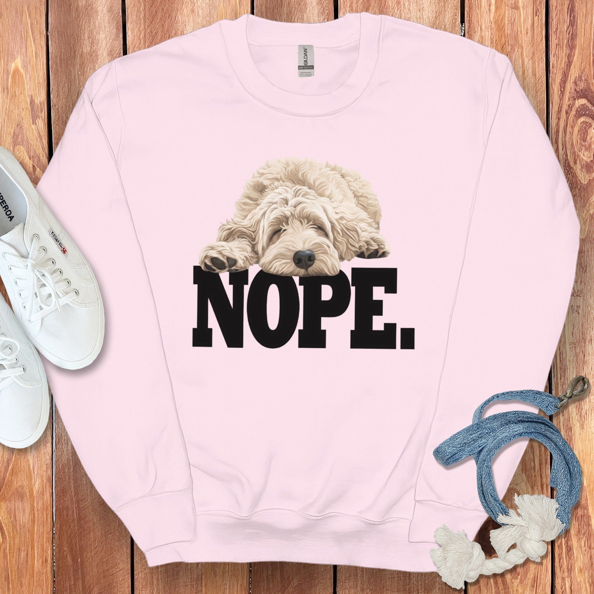 Cream Goldendoodle Labradoodle Nope Sweatshirt in Light Pink / S by Puppy Jo