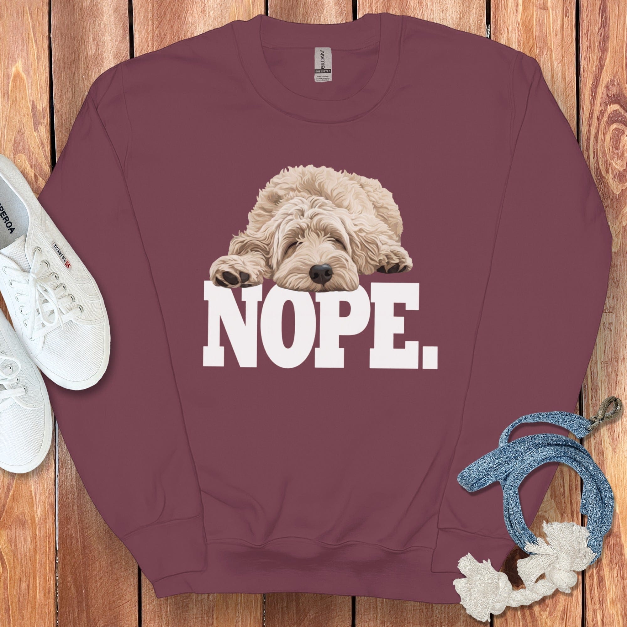 Cream Goldendoodle Labradoodle Nope Sweatshirt in Maroon / S by Puppy Jo