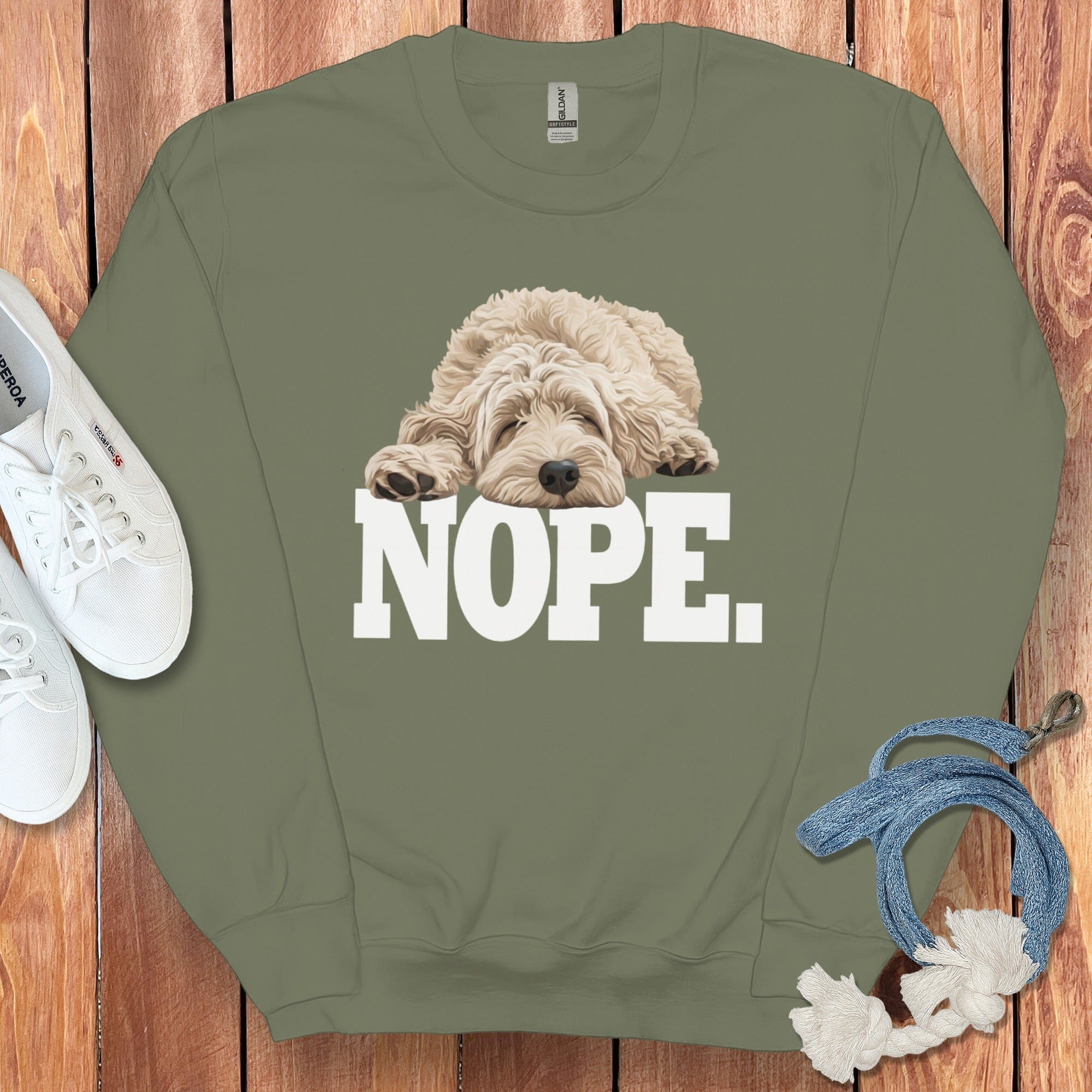 Cream Goldendoodle Labradoodle Nope Sweatshirt in Military Green / S by Puppy Jo
