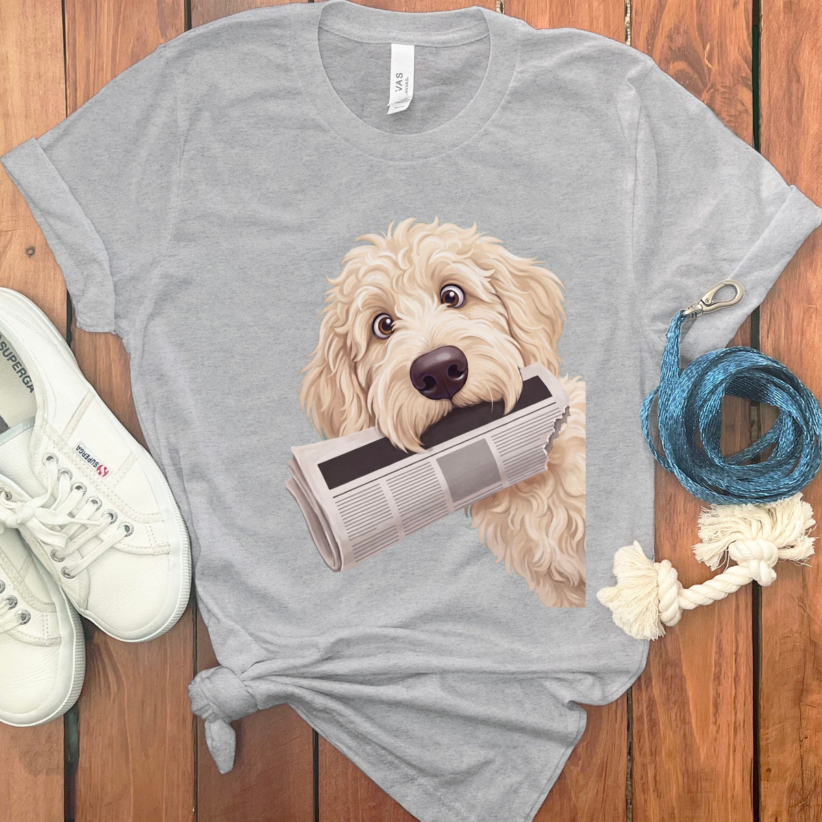 Cream Goldendoodle Newspaper T-Shirt in Athletic Heather / S by Puppy Jo