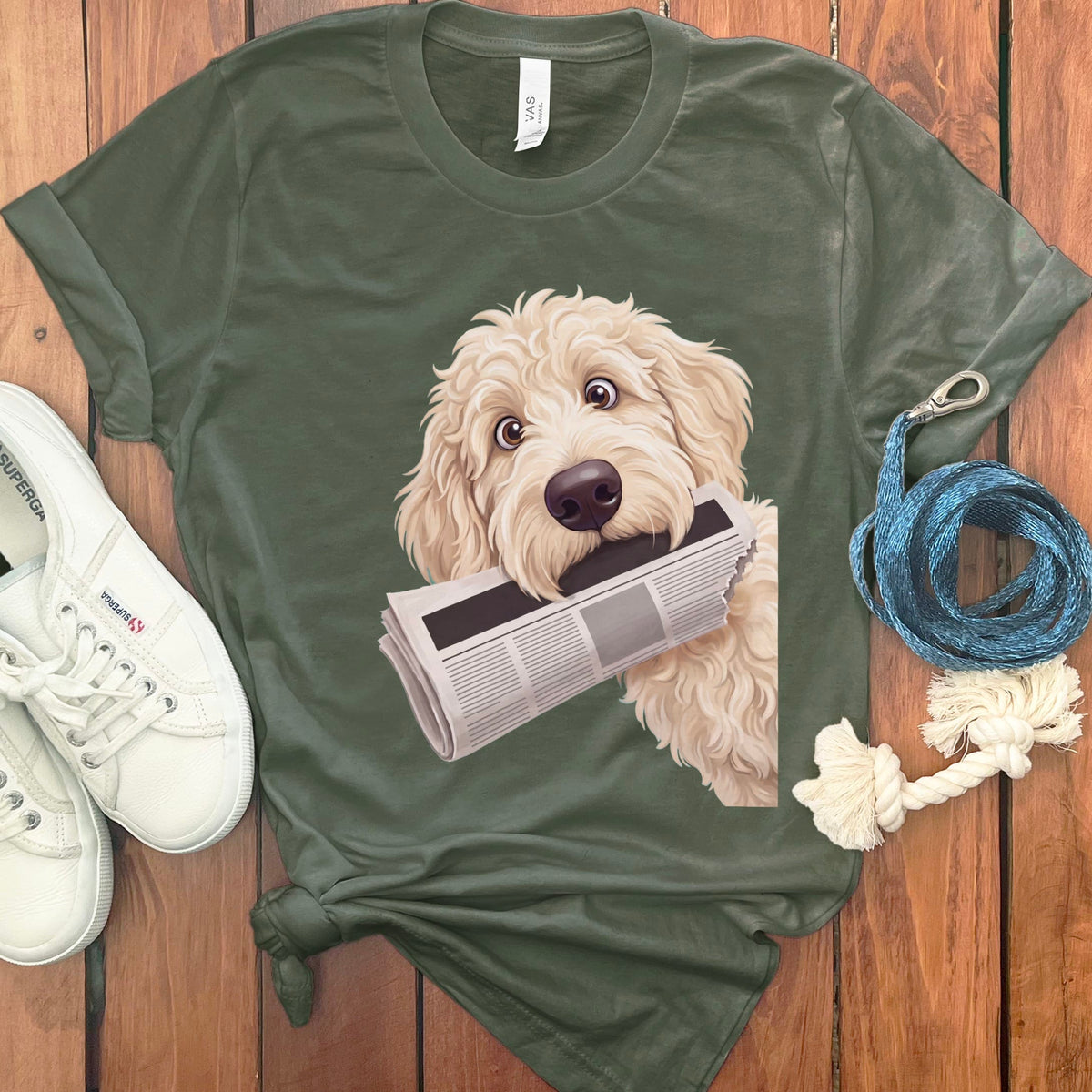 Cream Goldendoodle Newspaper T-Shirt in Military Green / S by Puppy Jo