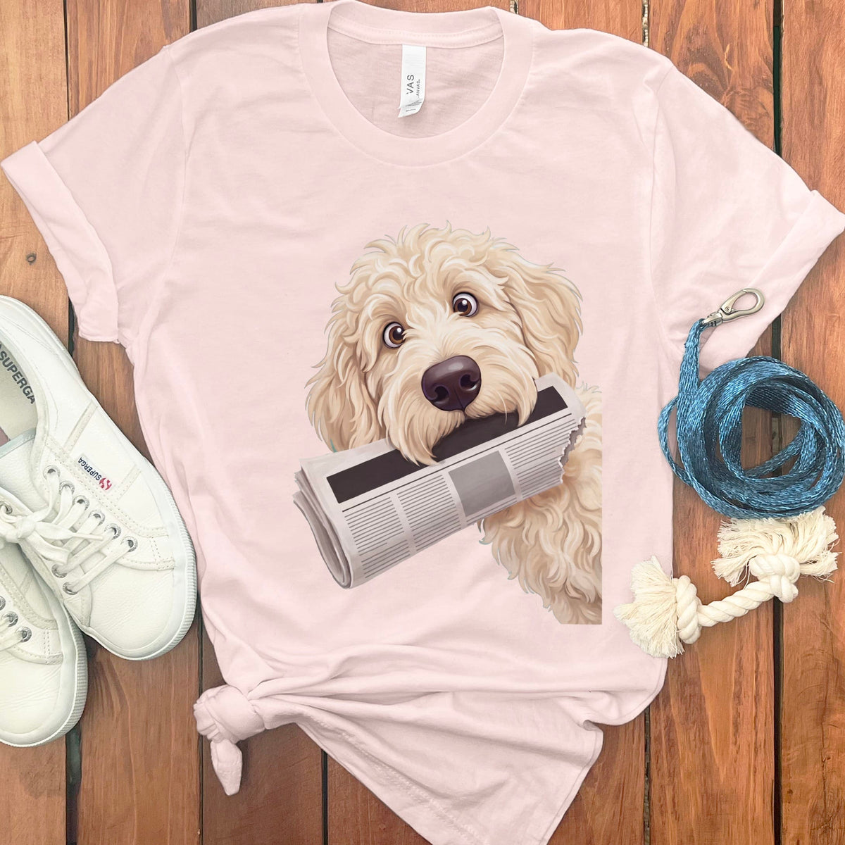 Cream Goldendoodle Newspaper T-Shirt in Soft Pink / S by Puppy Jo