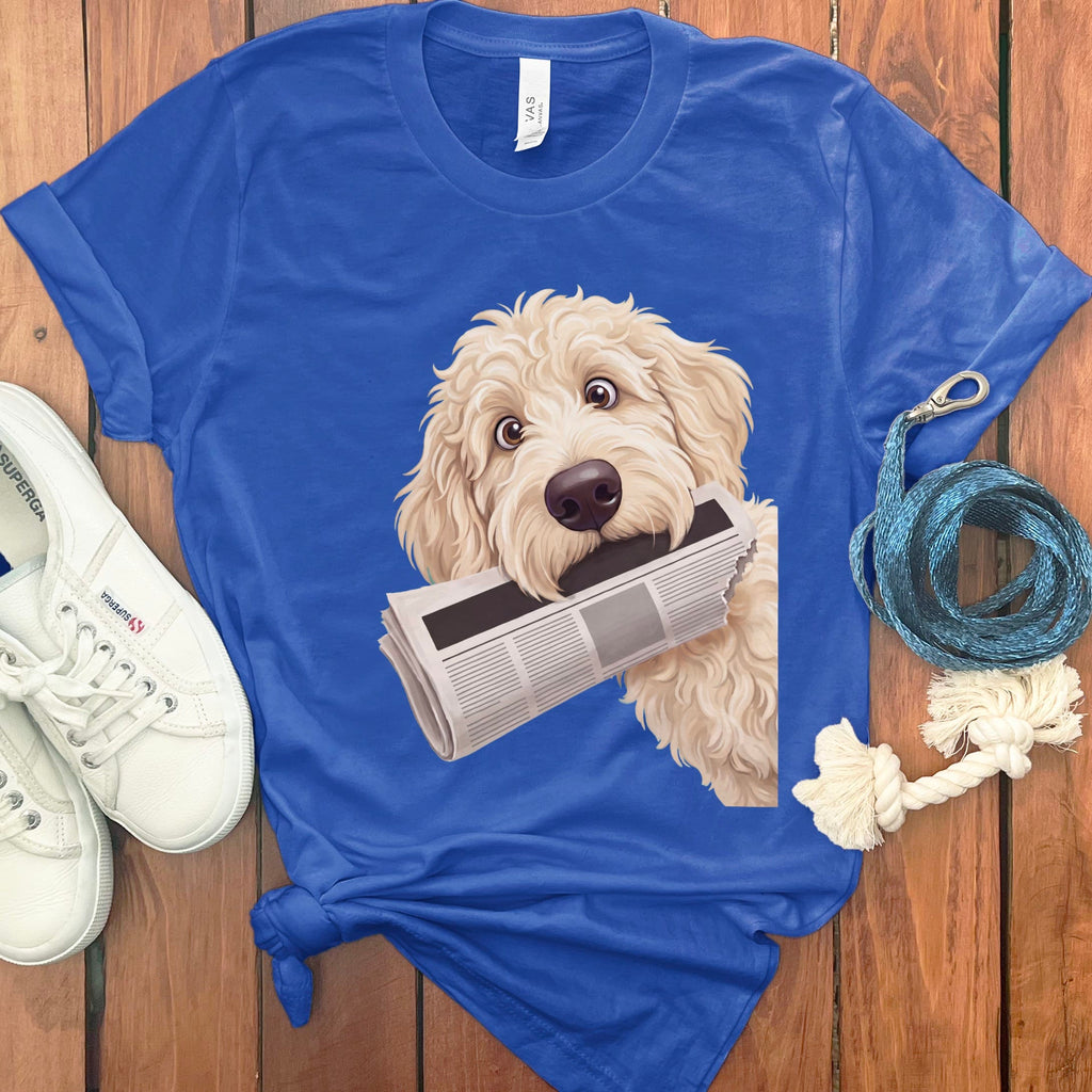 Cream Goldendoodle Newspaper T-Shirt in True Royal / S by Puppy Jo
