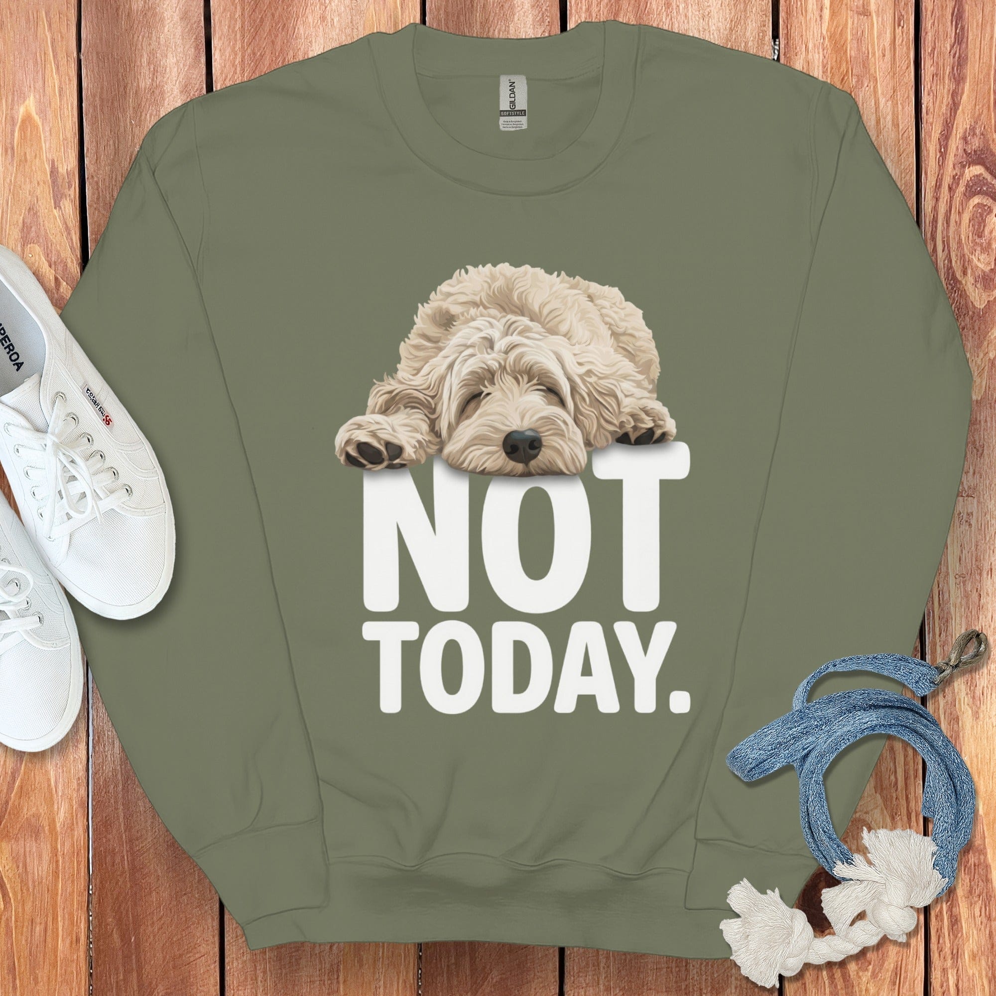 Cream Goldendoodle Not Today Sweatshirt in Military Green / S by Puppy Jo