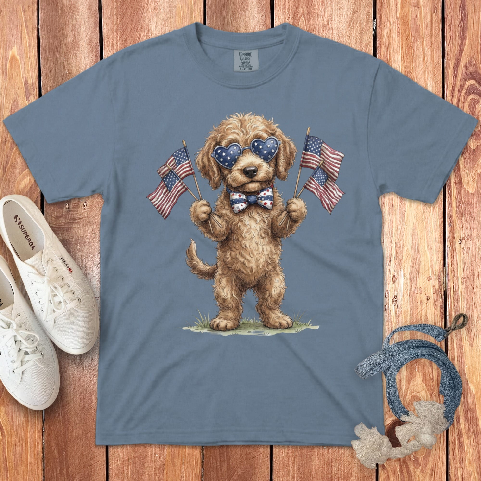 Cream Goldendoodle Patriotic Celebration Signature T-shirt in Blue Jean / S by Puppy Jo