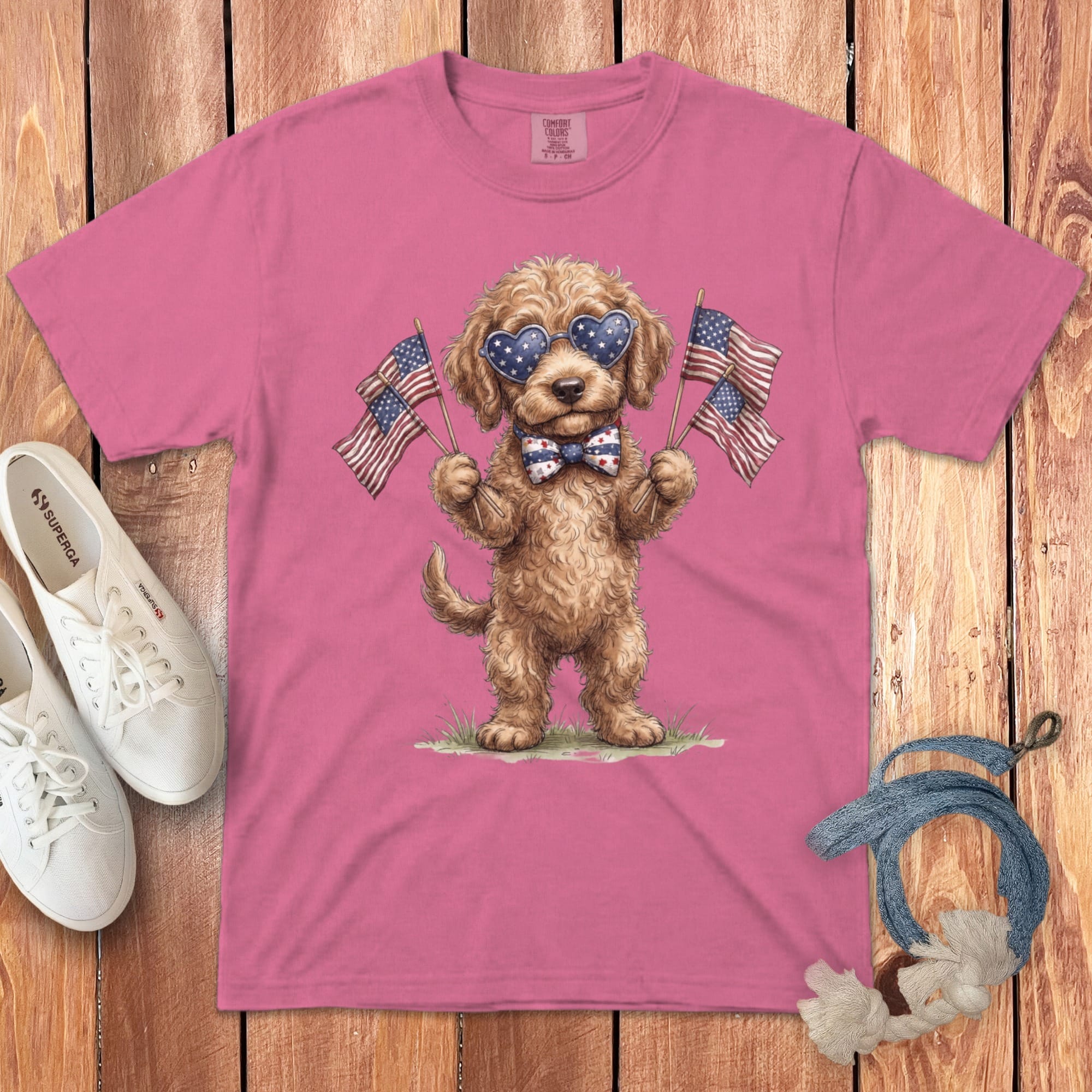 Cream Goldendoodle Patriotic Celebration Signature T-shirt in Crunchberry / S by Puppy Jo