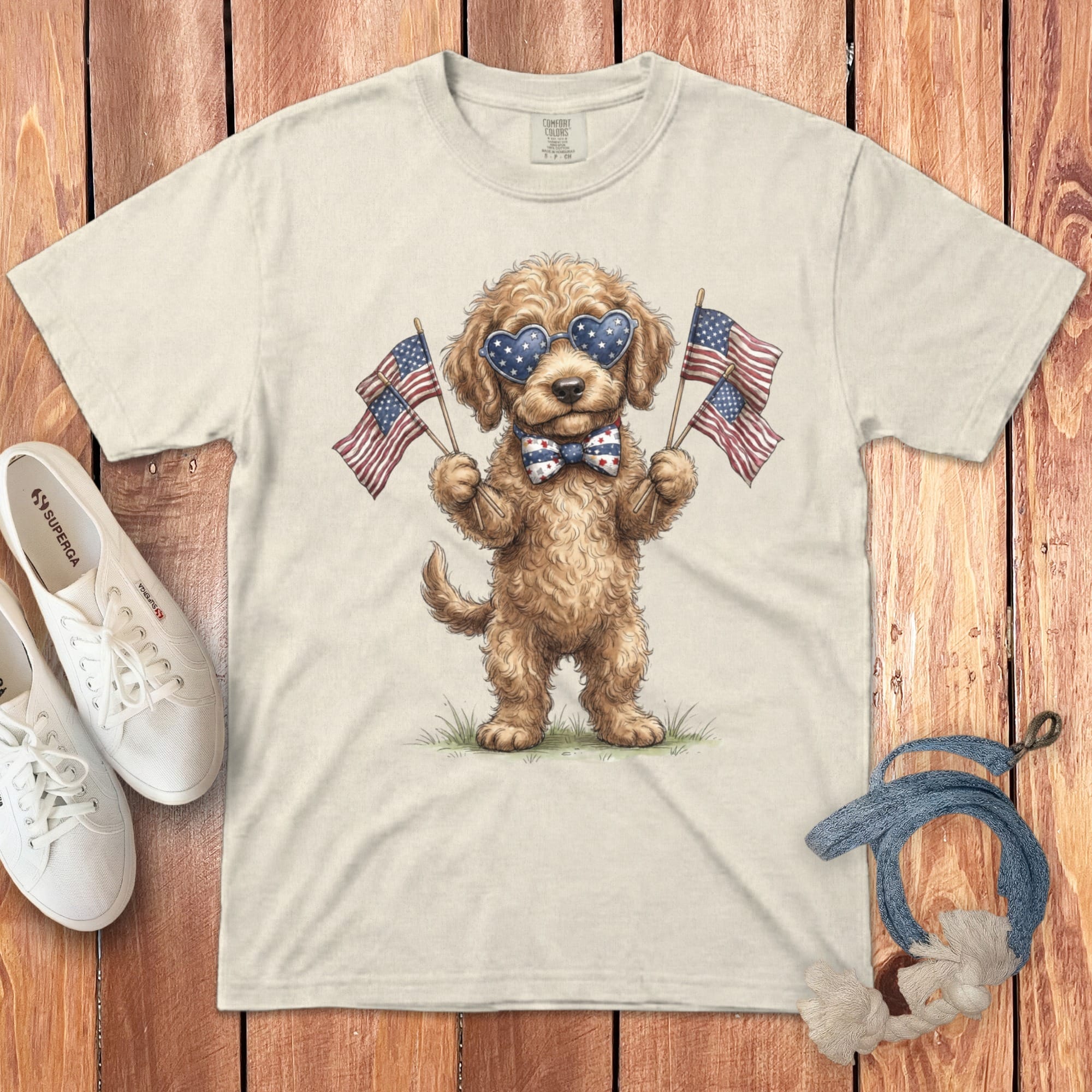 Cream Goldendoodle Patriotic Celebration Signature T-shirt in Ivory / S by Puppy Jo