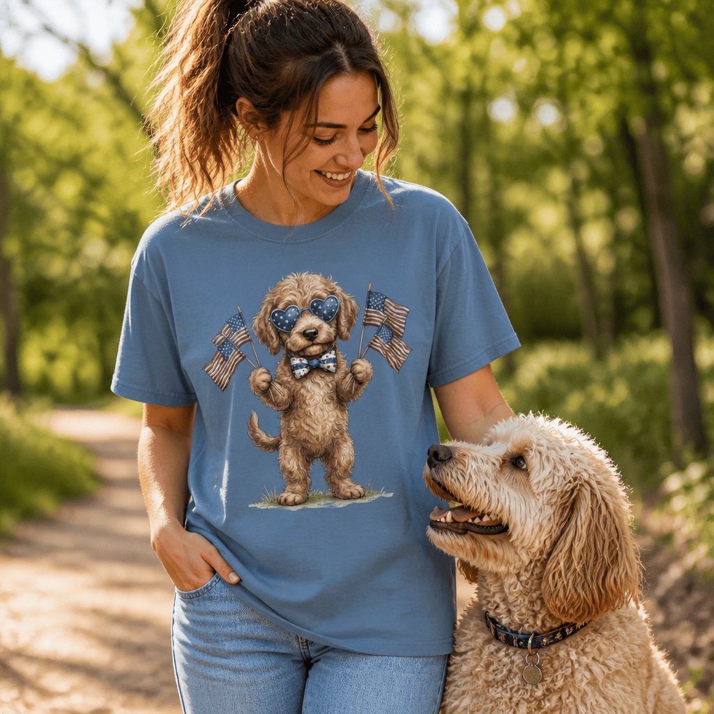 Cream Goldendoodle Patriotic Celebration Signature T-shirt in by Puppy Jo