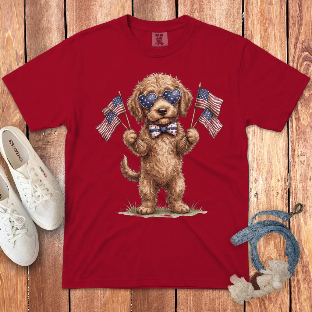 Cream Goldendoodle Patriotic Celebration Signature T-shirt in Red / S by Puppy Jo