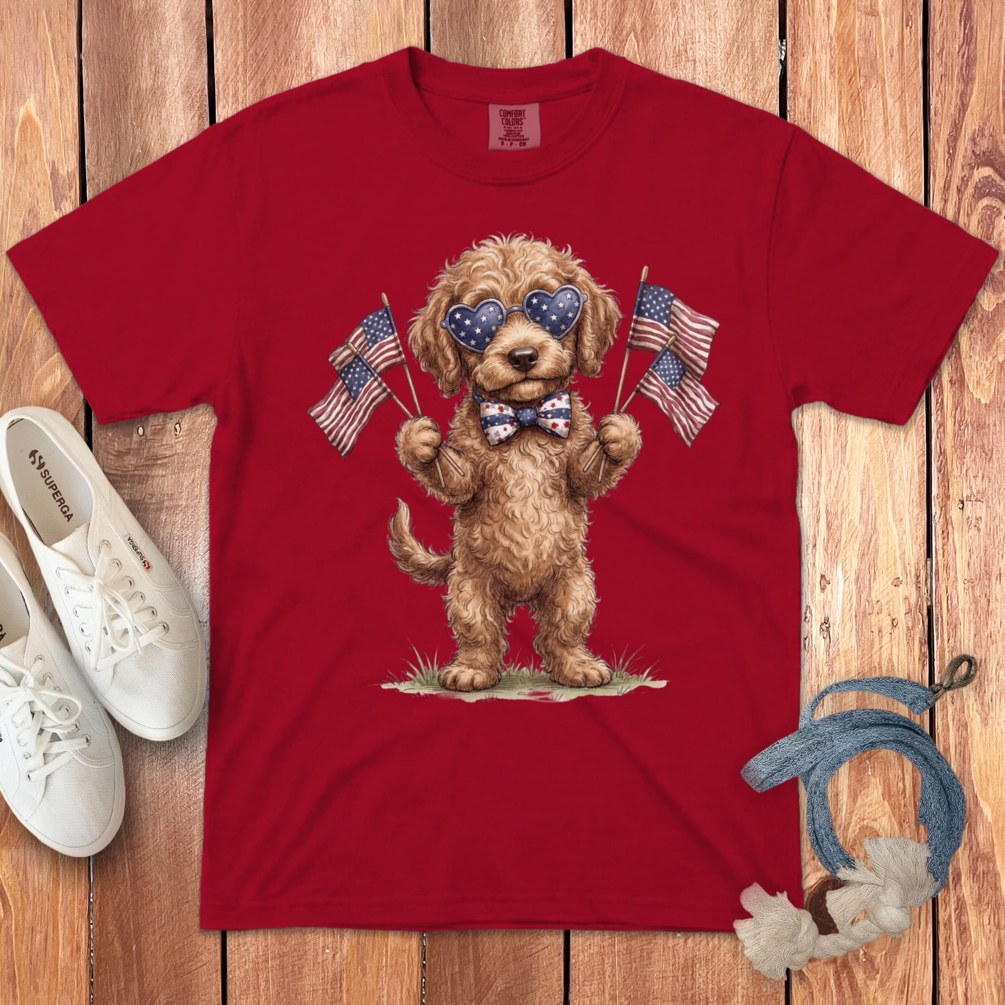 Cream Goldendoodle Patriotic Celebration Signature T-shirt in Red / S by Puppy Jo