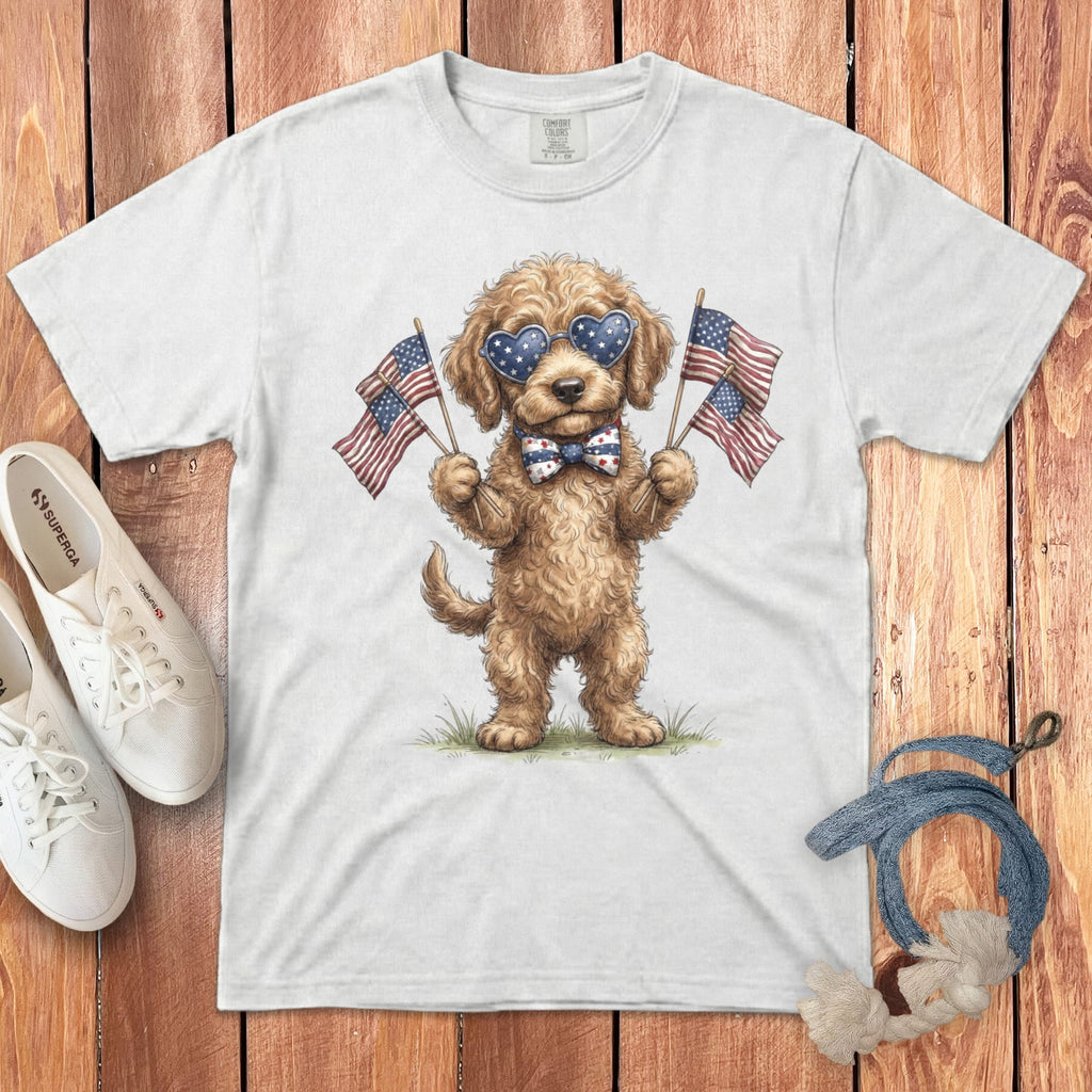 Cream Goldendoodle Patriotic Celebration Signature T-shirt in White / S by Puppy Jo