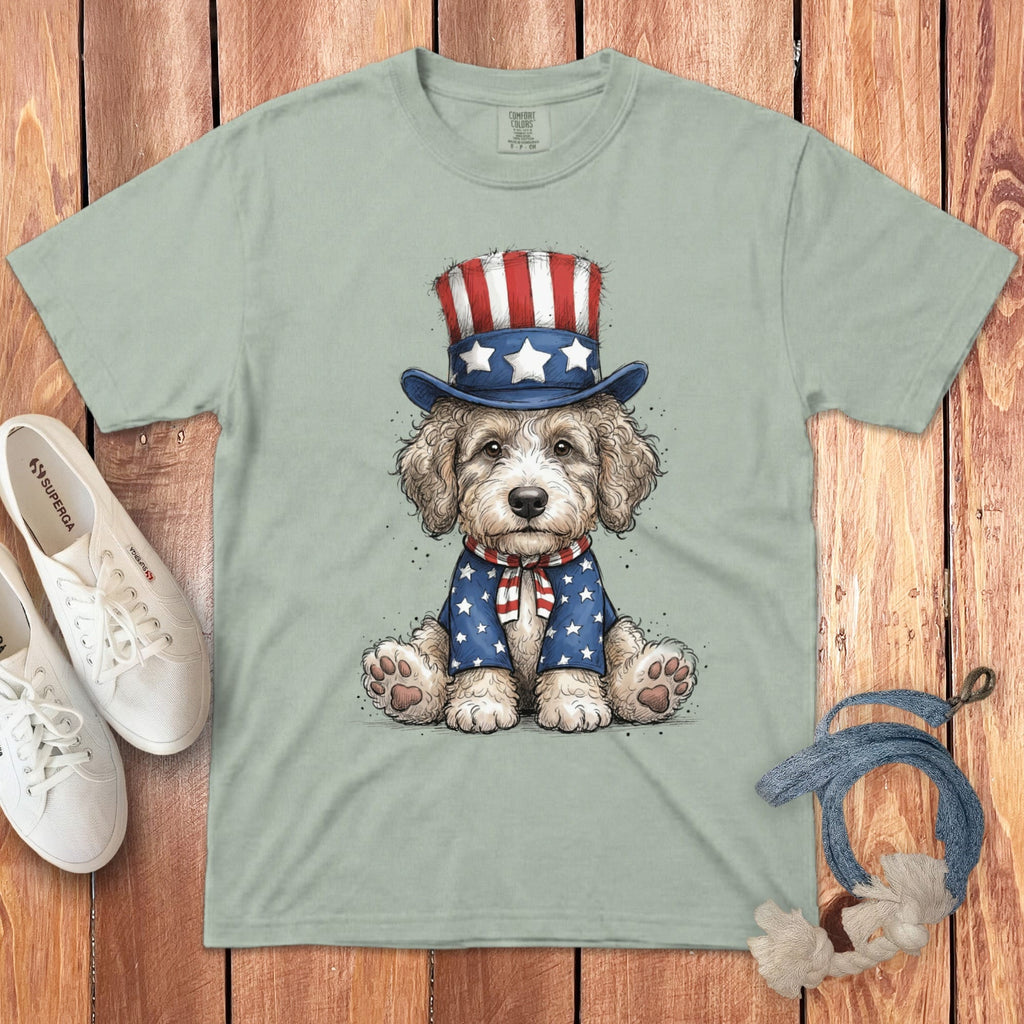 Cream Goldendoodle Patriotic Hat Signature T-Shirt in Bay / S by Puppy Jo