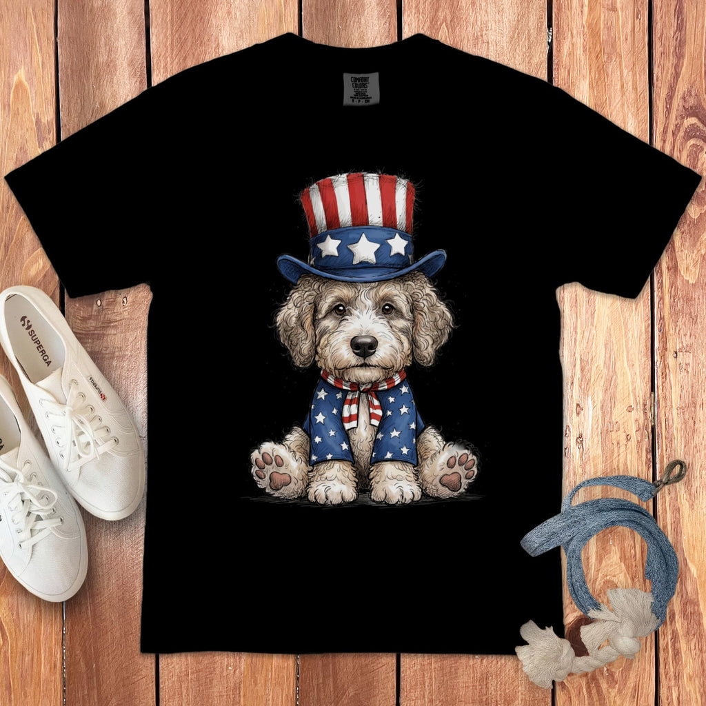 Cream Goldendoodle Patriotic Hat Signature T-Shirt in Black / S by Puppy Jo