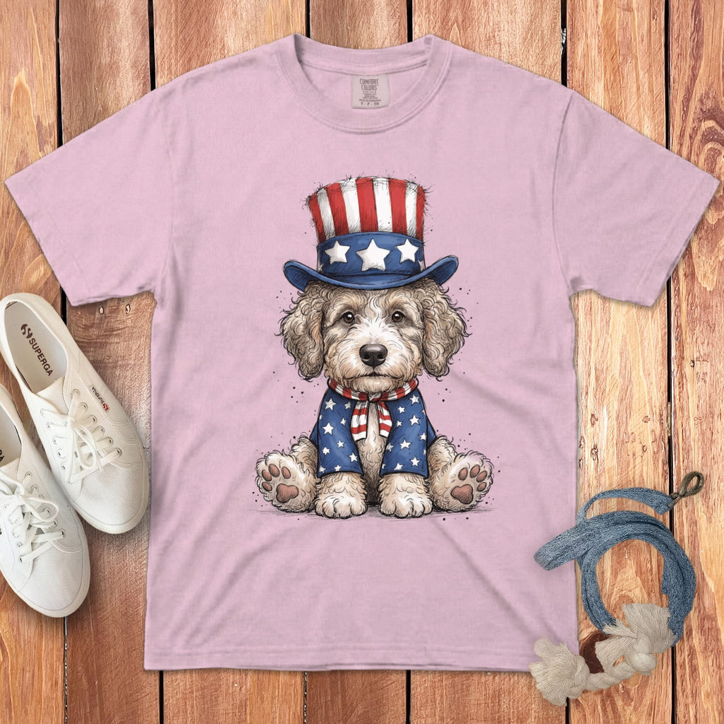 Cream Goldendoodle Patriotic Hat Signature T-Shirt in Blossom / S by Puppy Jo