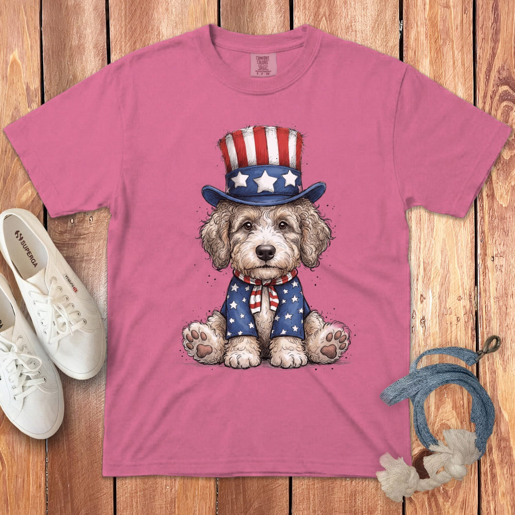 Cream Goldendoodle Patriotic Hat Signature T-Shirt in Crunchberry / S by Puppy Jo