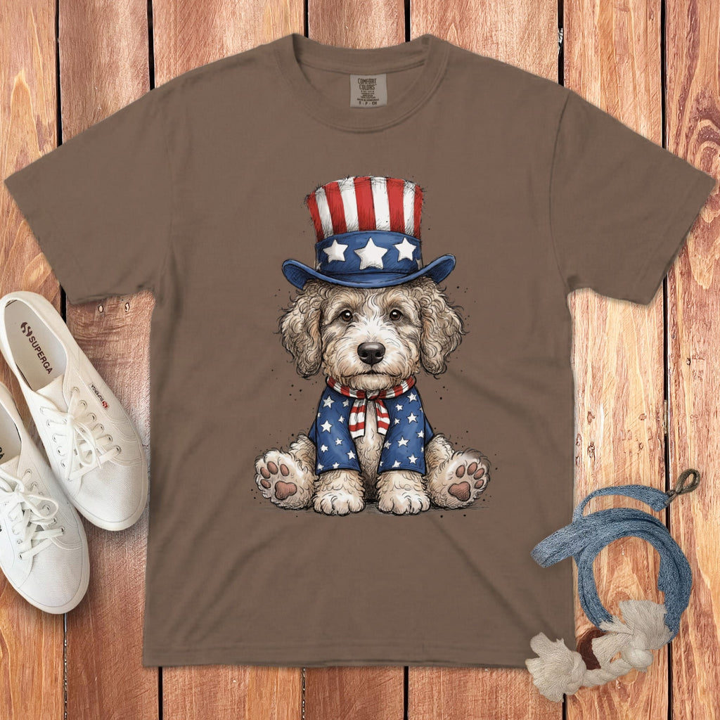 Cream Goldendoodle Patriotic Hat Signature T-Shirt in Espresso / S by Puppy Jo