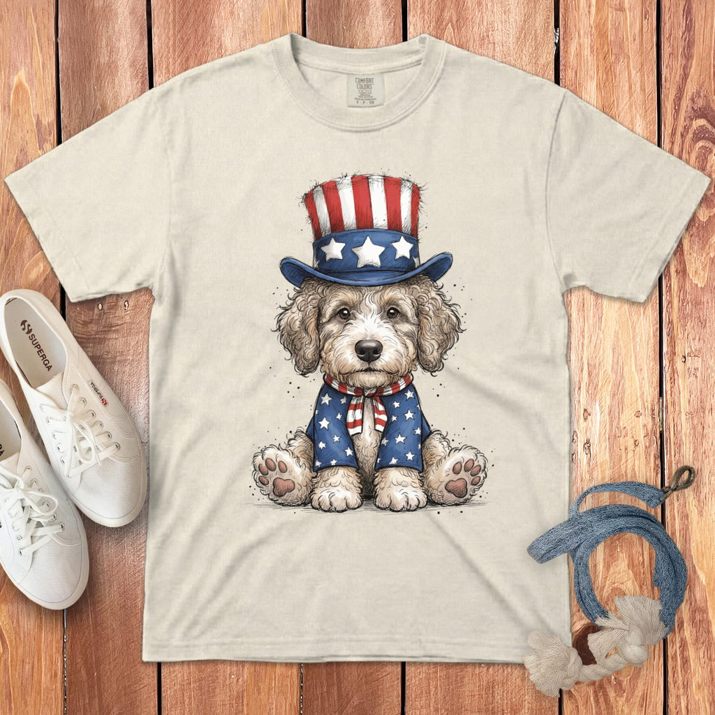 Cream Goldendoodle Patriotic Hat Signature T-Shirt in Ivory / S by Puppy Jo