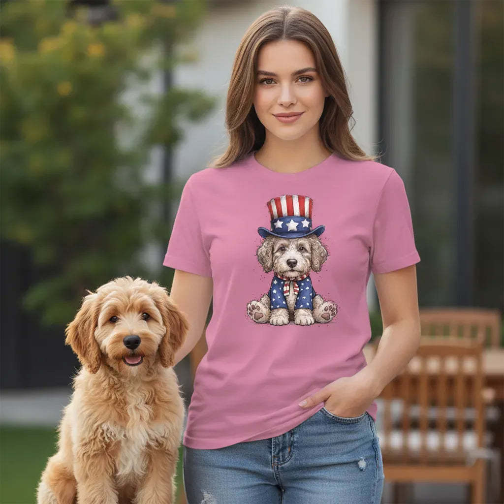 Cream Goldendoodle Patriotic Hat Signature T-Shirt in by Puppy Jo